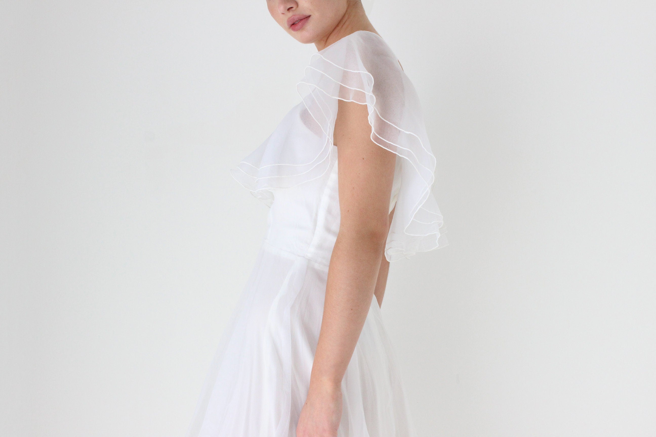 1970s Layered Ivory Organza Ruffle Cocktail Dress
