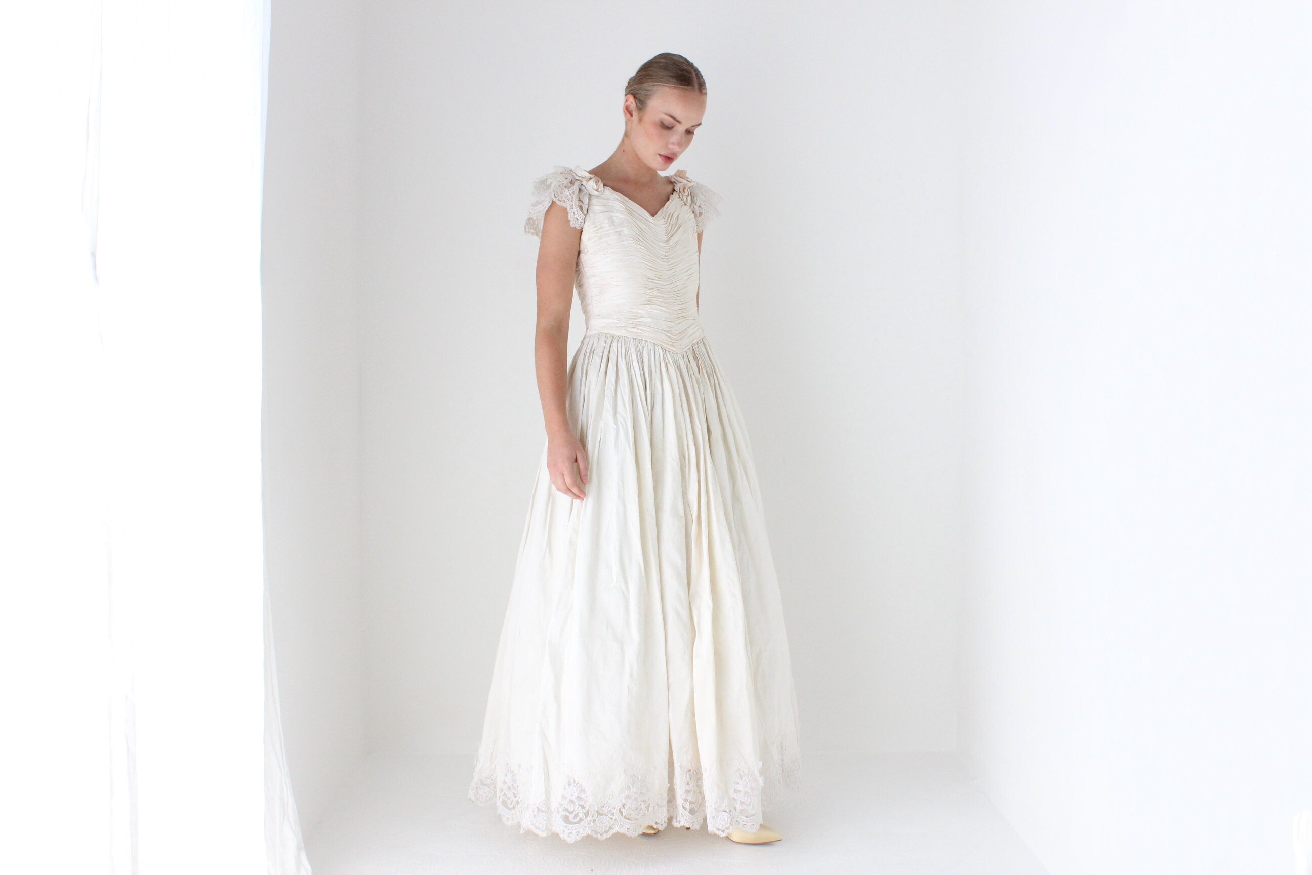 1980s Textural Raw Silk Wedding Gown w/ Rosettes