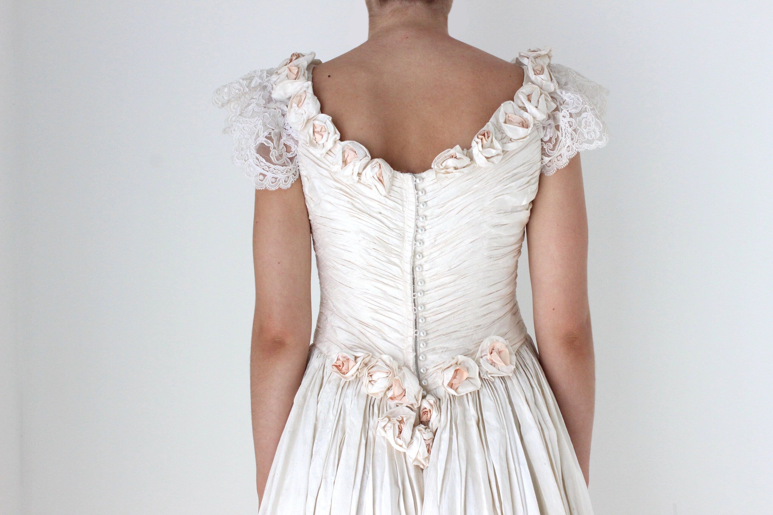1980s Textural Raw Silk Wedding Gown w/ Rosettes