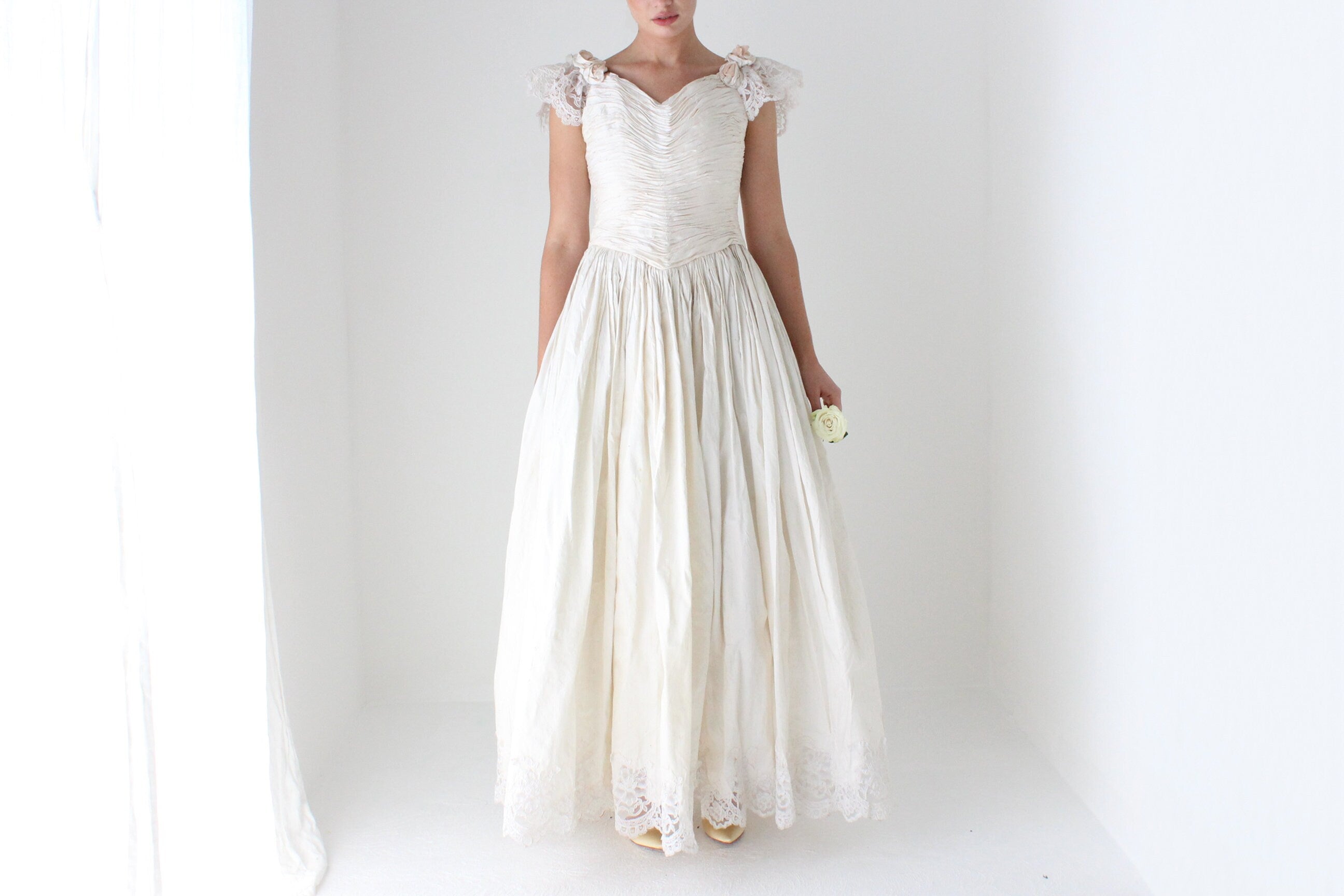 1980s Textural Raw Silk Wedding Gown w/ Rosettes