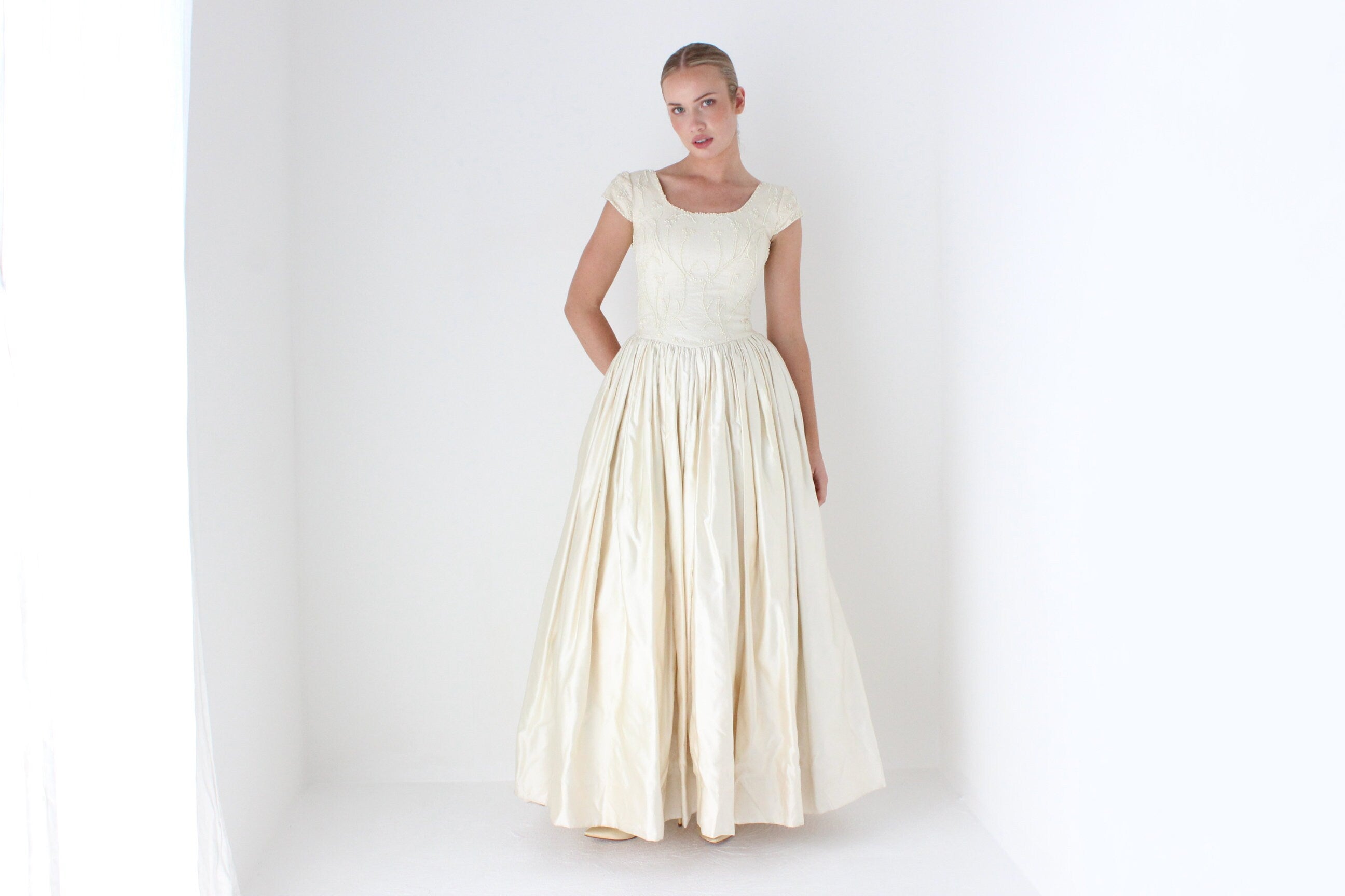1990s Bespoke Romantic Pearl Bodice & Silk Satin Wedding Gown