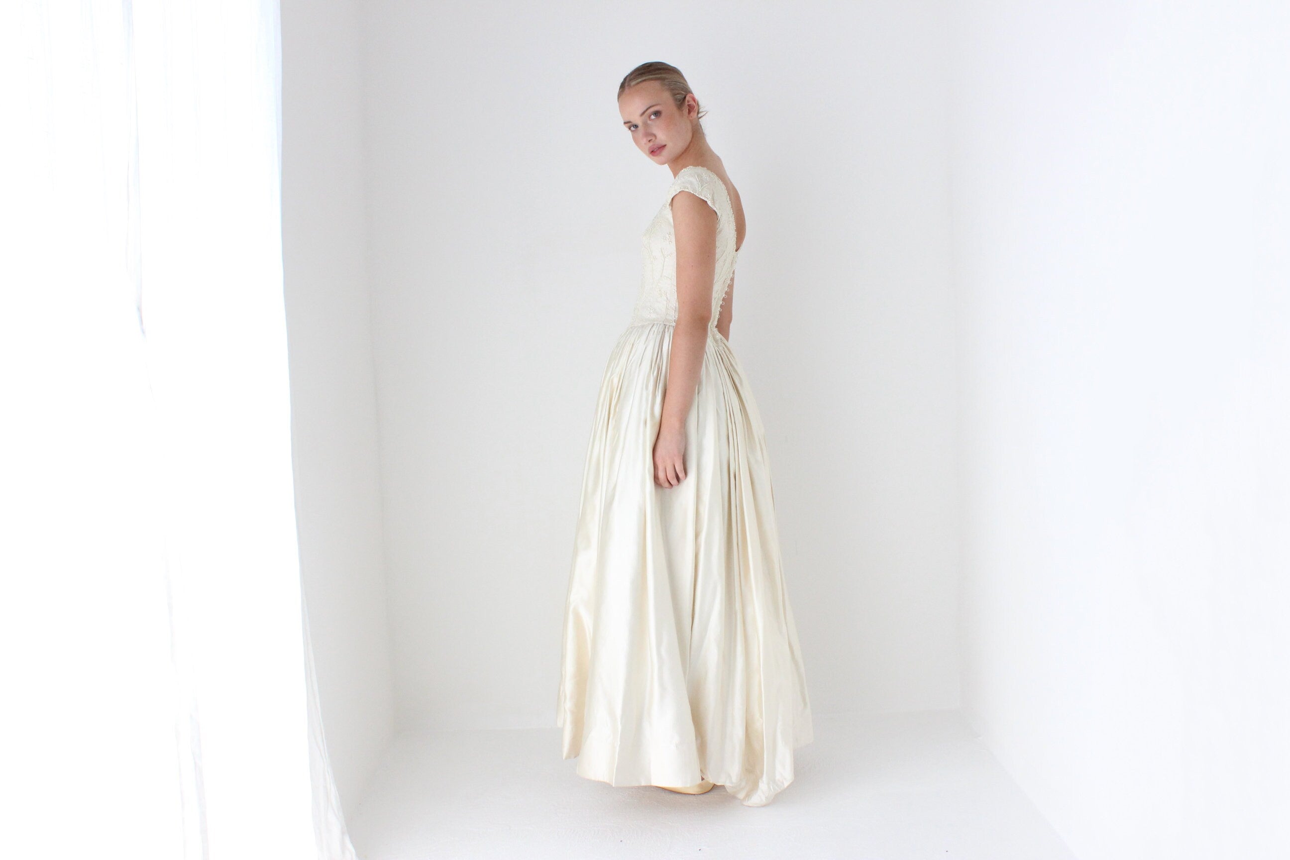 1990s Bespoke Romantic Pearl Bodice & Silk Satin Wedding Gown