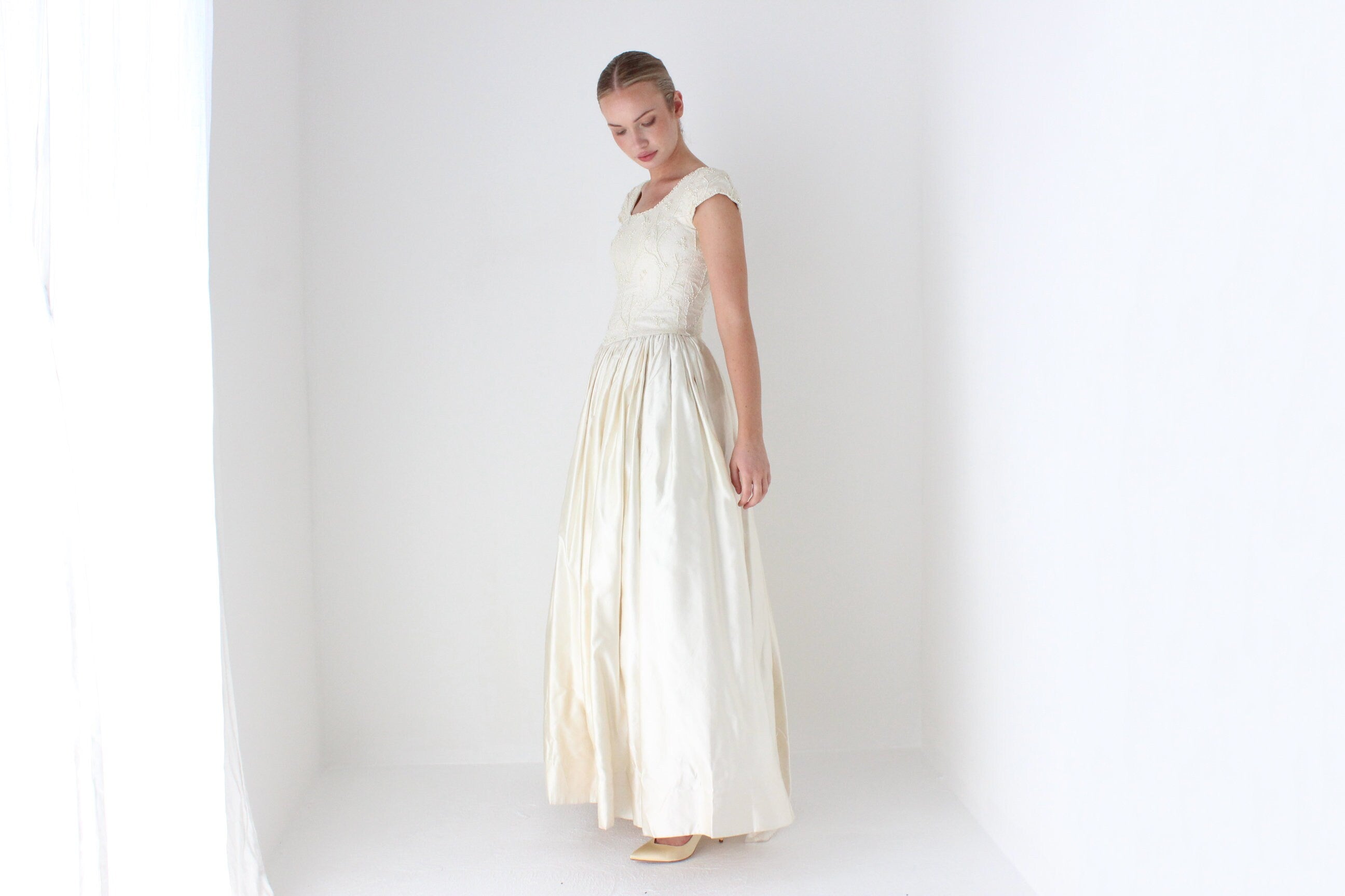 1990s Bespoke Romantic Pearl Bodice & Silk Satin Wedding Gown
