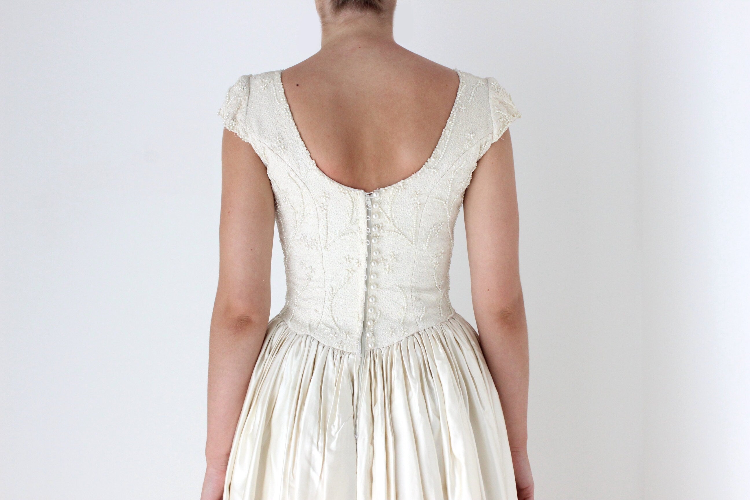 1990s Bespoke Romantic Pearl Bodice & Silk Satin Wedding Gown