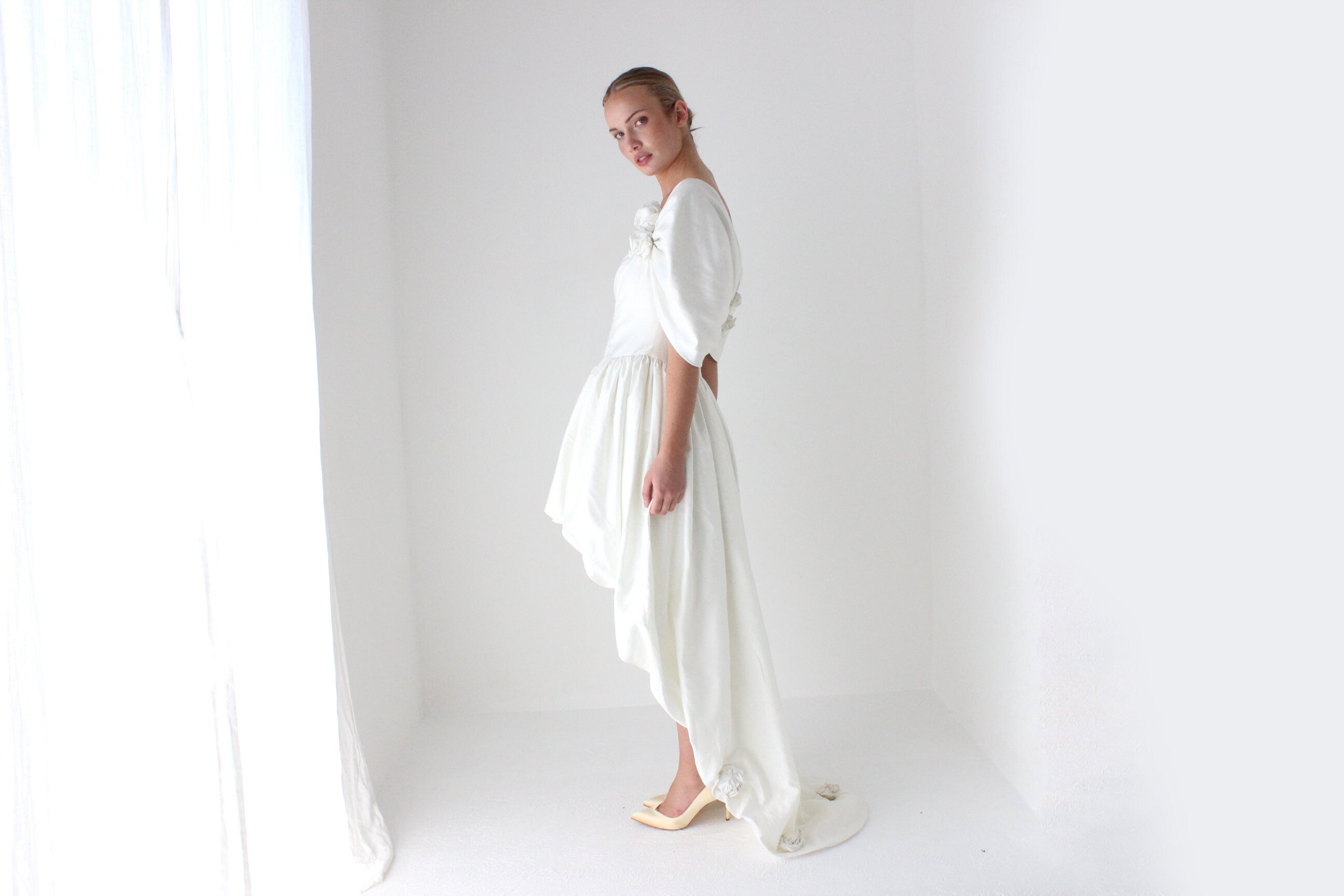 Fab 1980s Ivory Bubble Puff Wedding Gown w/ Rosettes