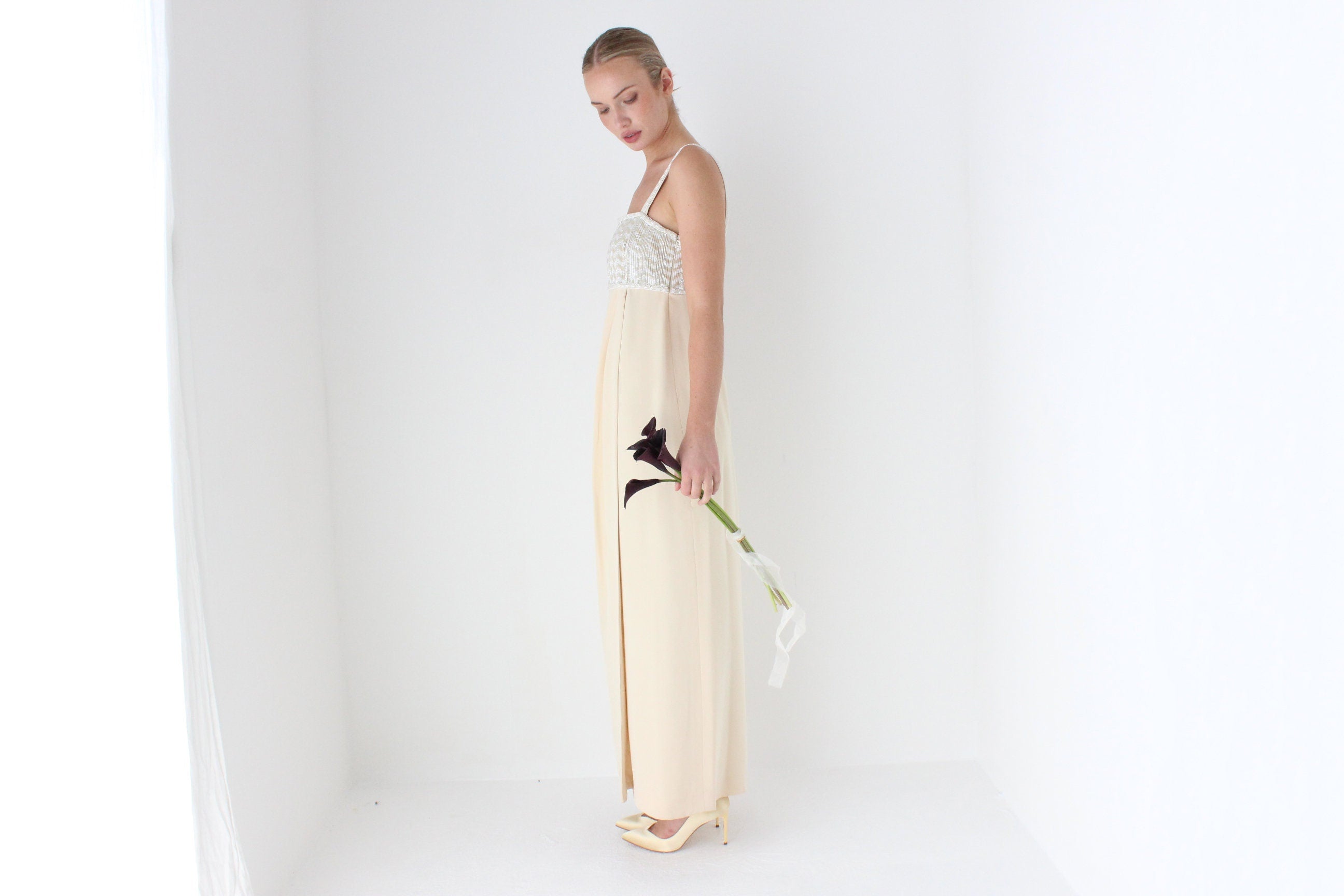1980s ESCADA COUTURE Beaded Empire Waist Column Gown