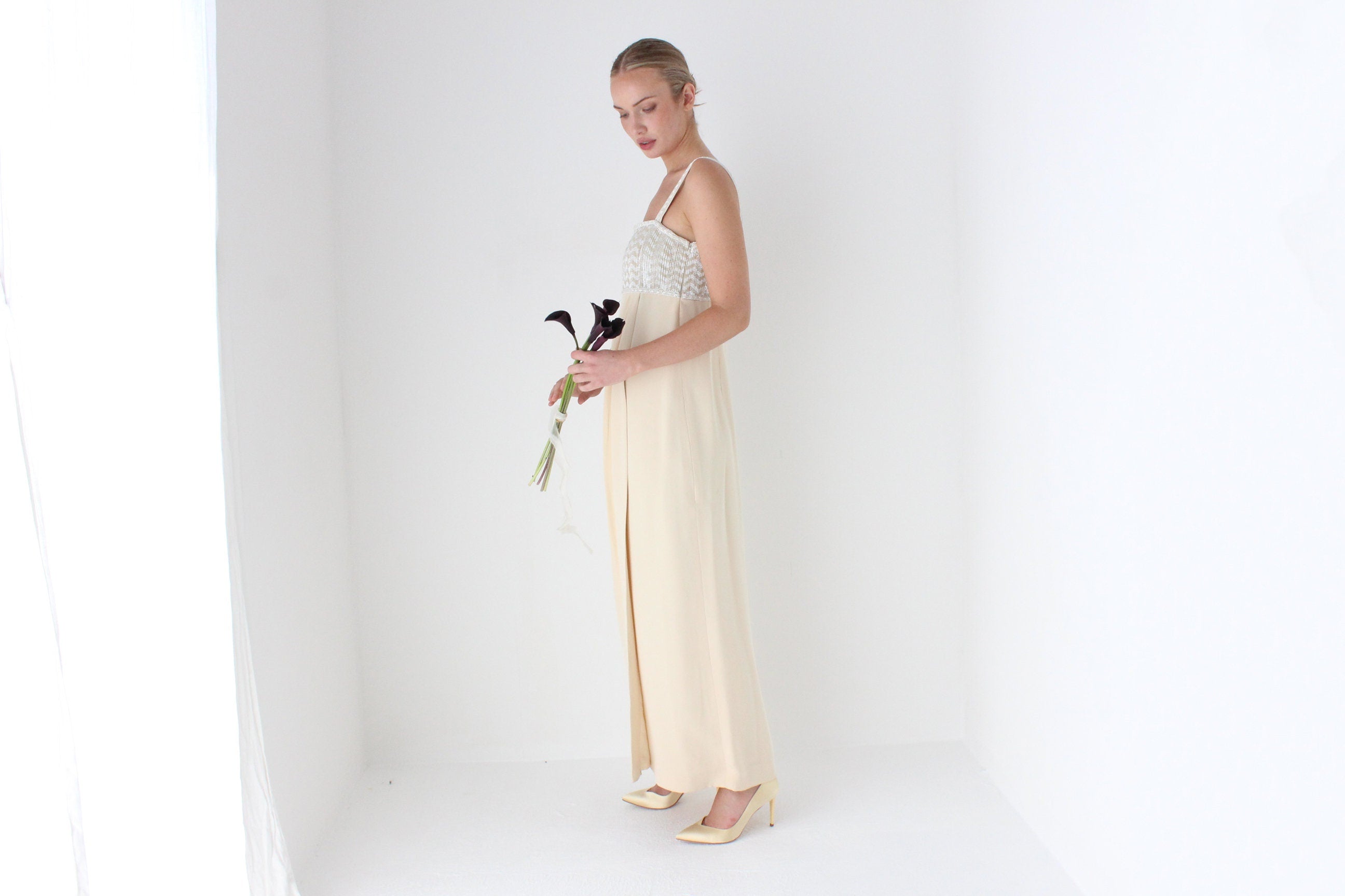 1980s ESCADA COUTURE Beaded Empire Waist Column Gown