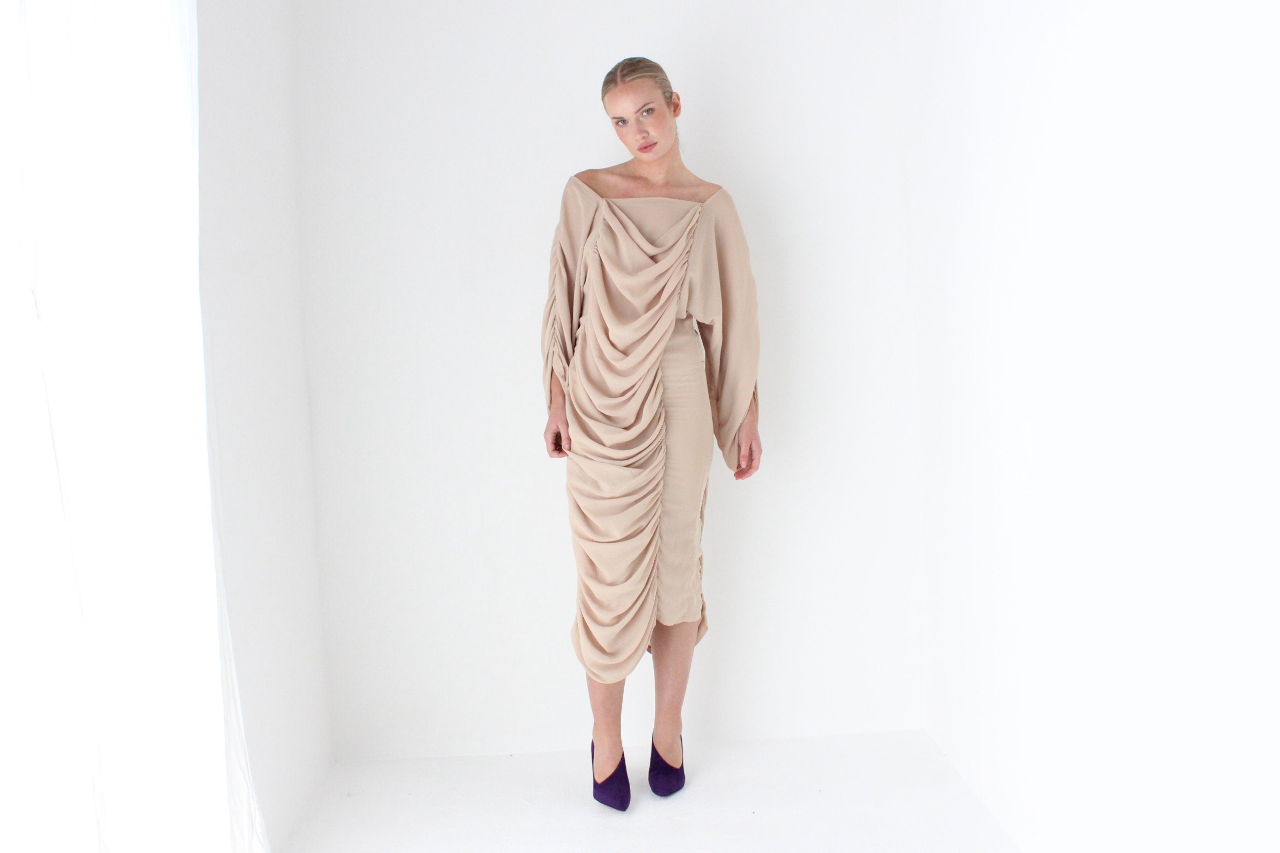 Outrageous 1980s Ruched Textured Batwing Dress