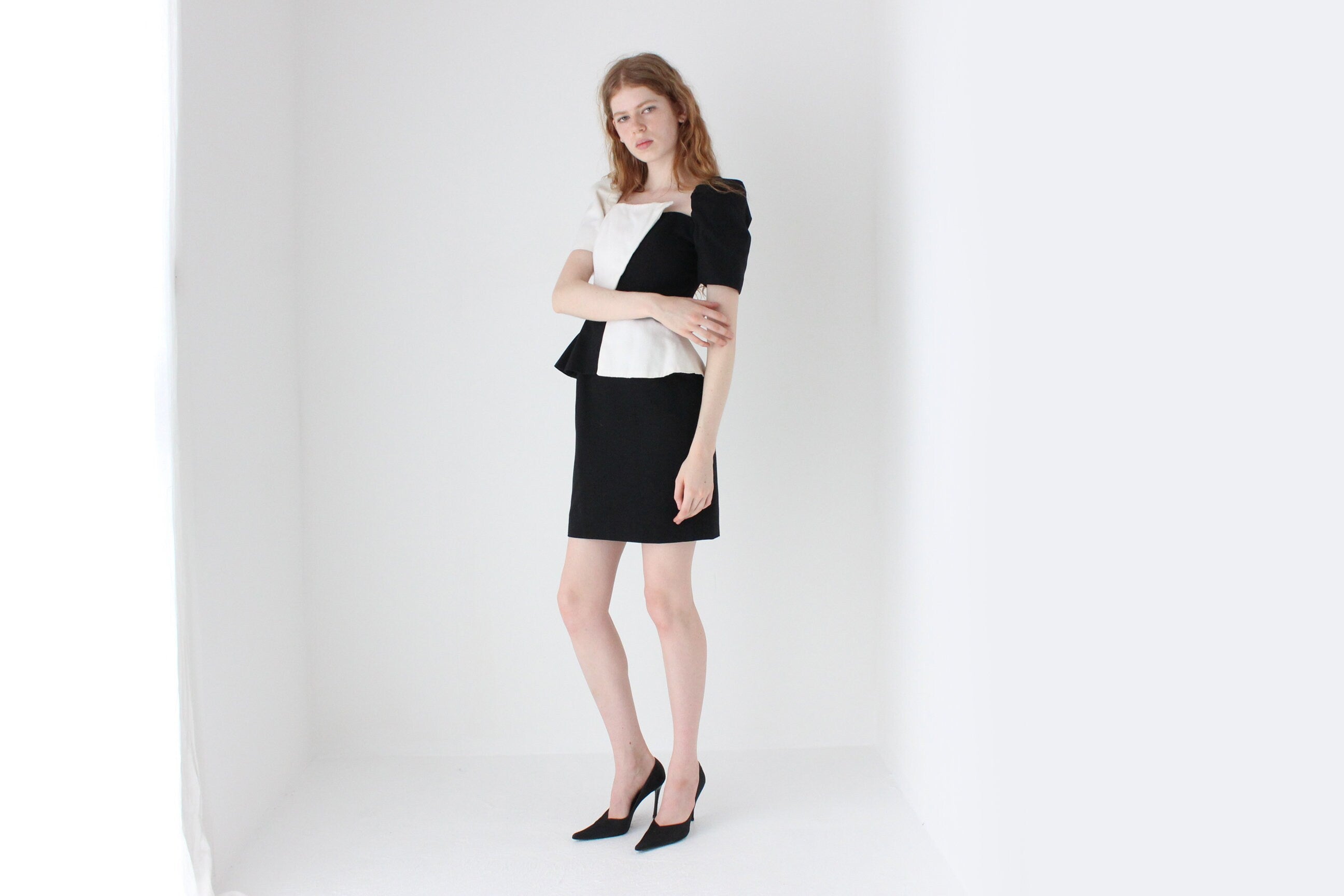 1980s Victor Costa Black & White Contrast Cocktail Dress