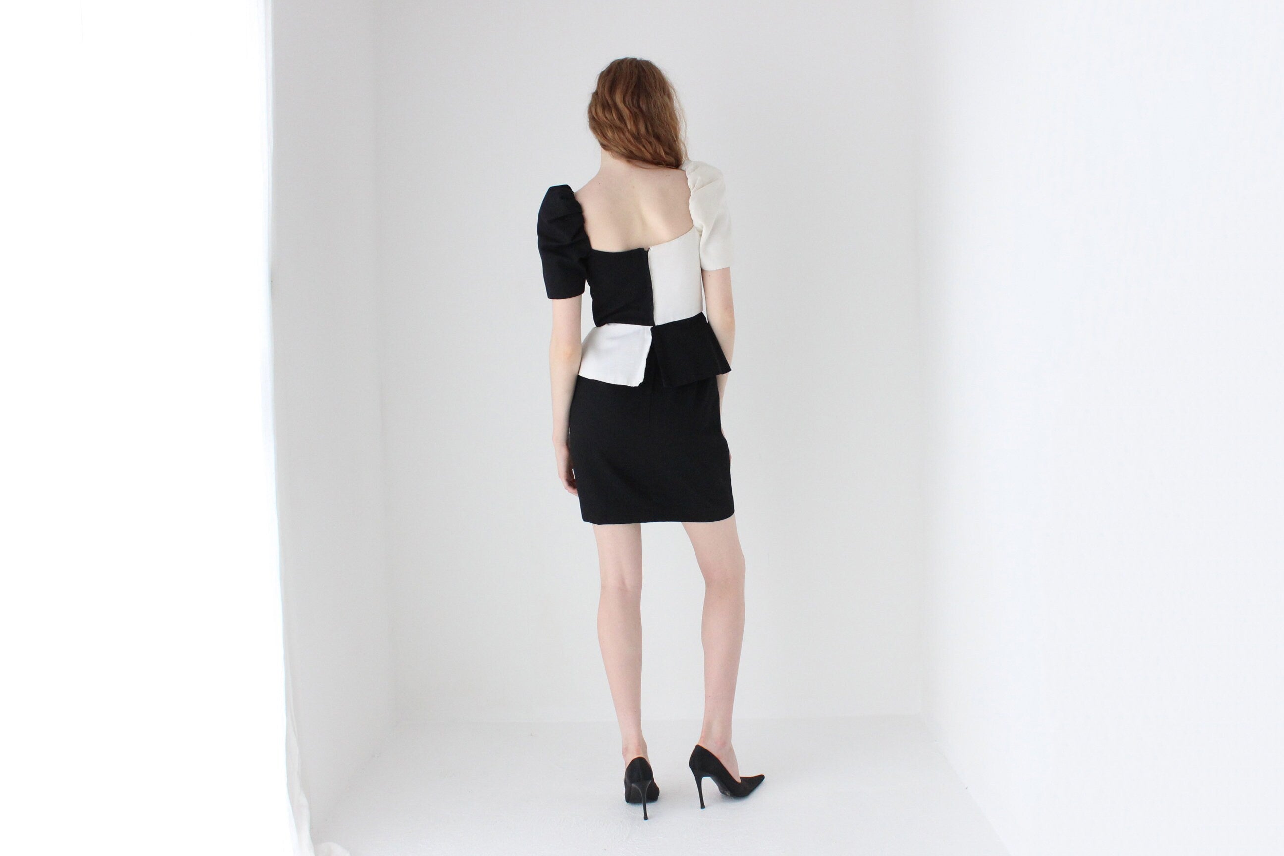 1980s Victor Costa Black & White Contrast Cocktail Dress