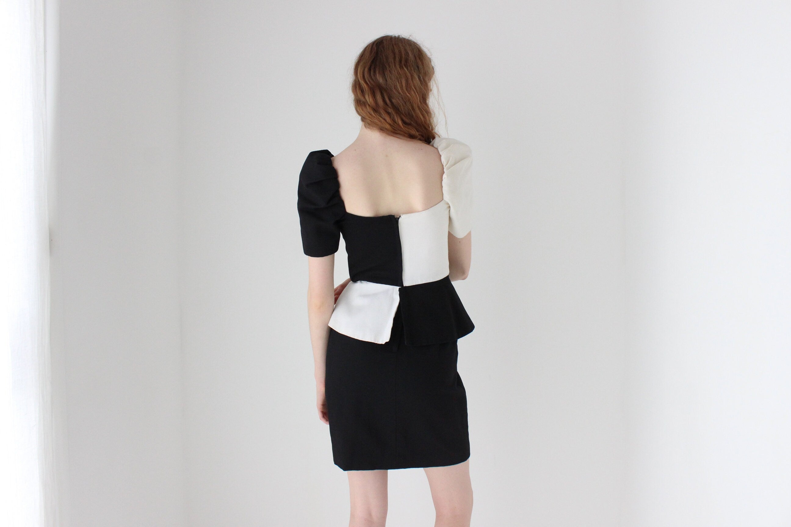 1980s Victor Costa Black & White Contrast Cocktail Dress