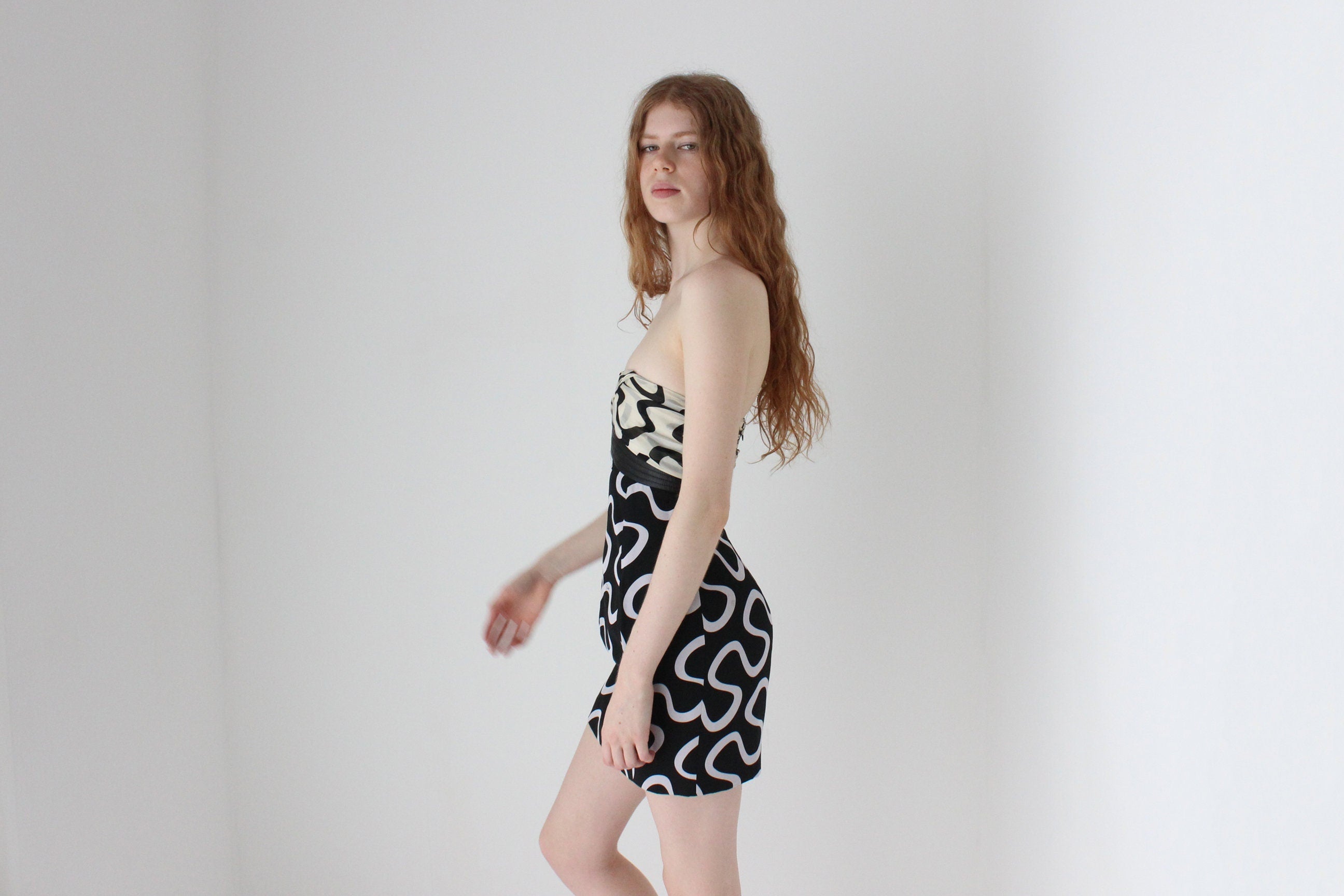 2000s Emilio Pucci Silk Printed Strapless Contrast Mini Dress