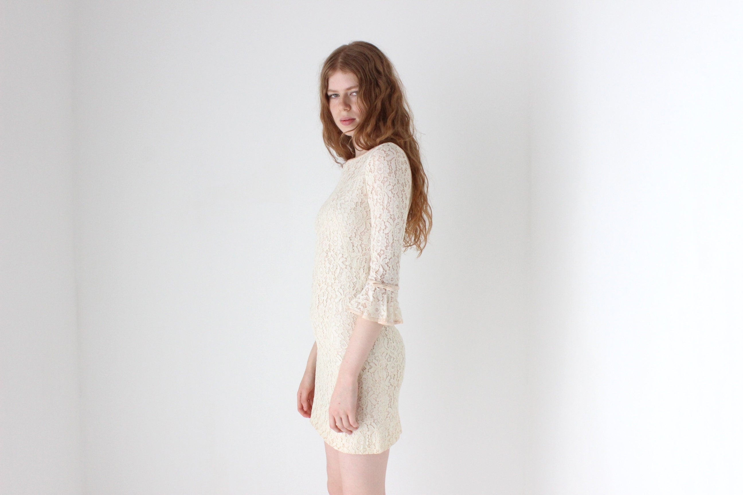 1960s Cream Lace Ruffle Sleeve Mini Wedding Dress