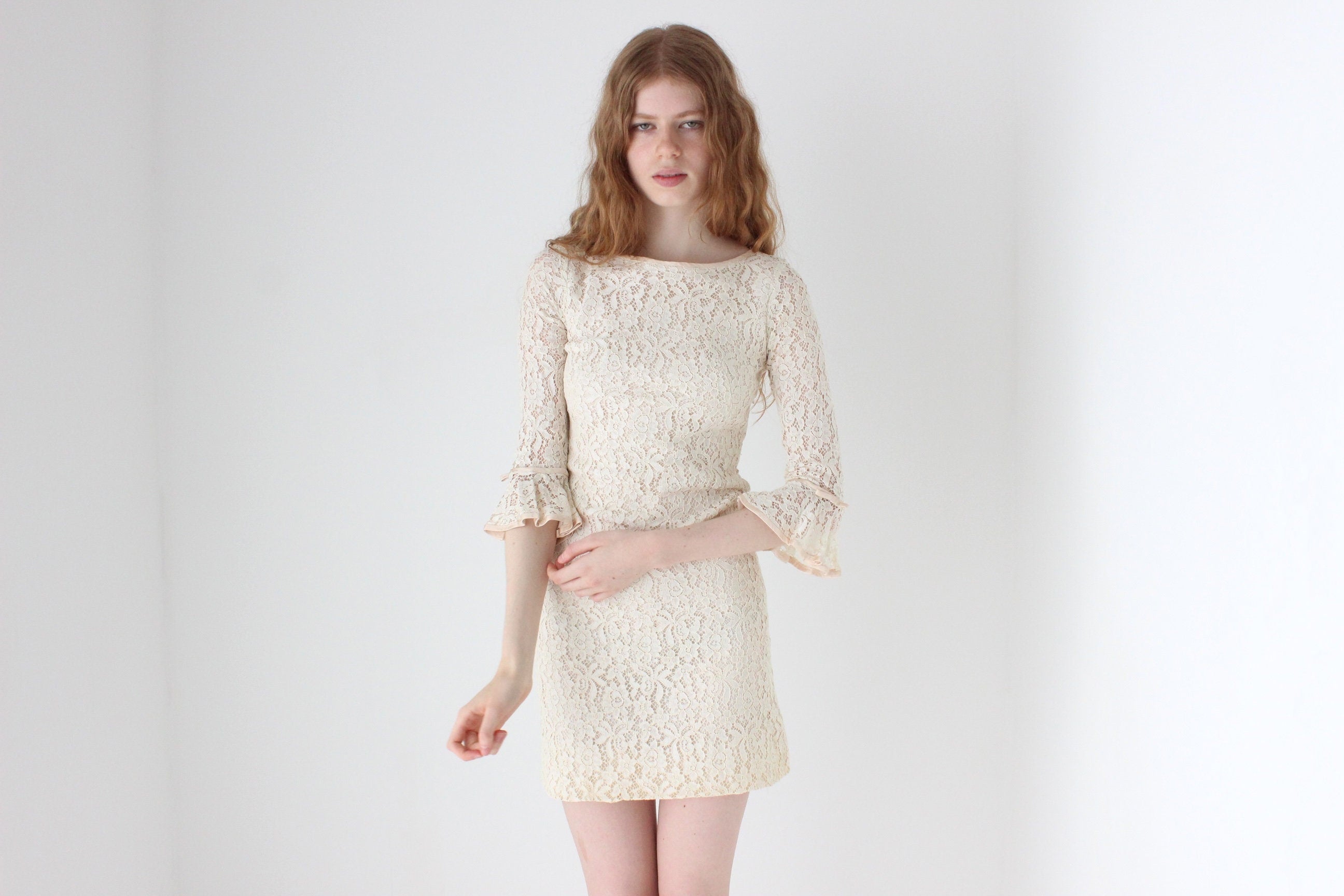 1960s Cream Lace Ruffle Sleeve Mini Wedding Dress