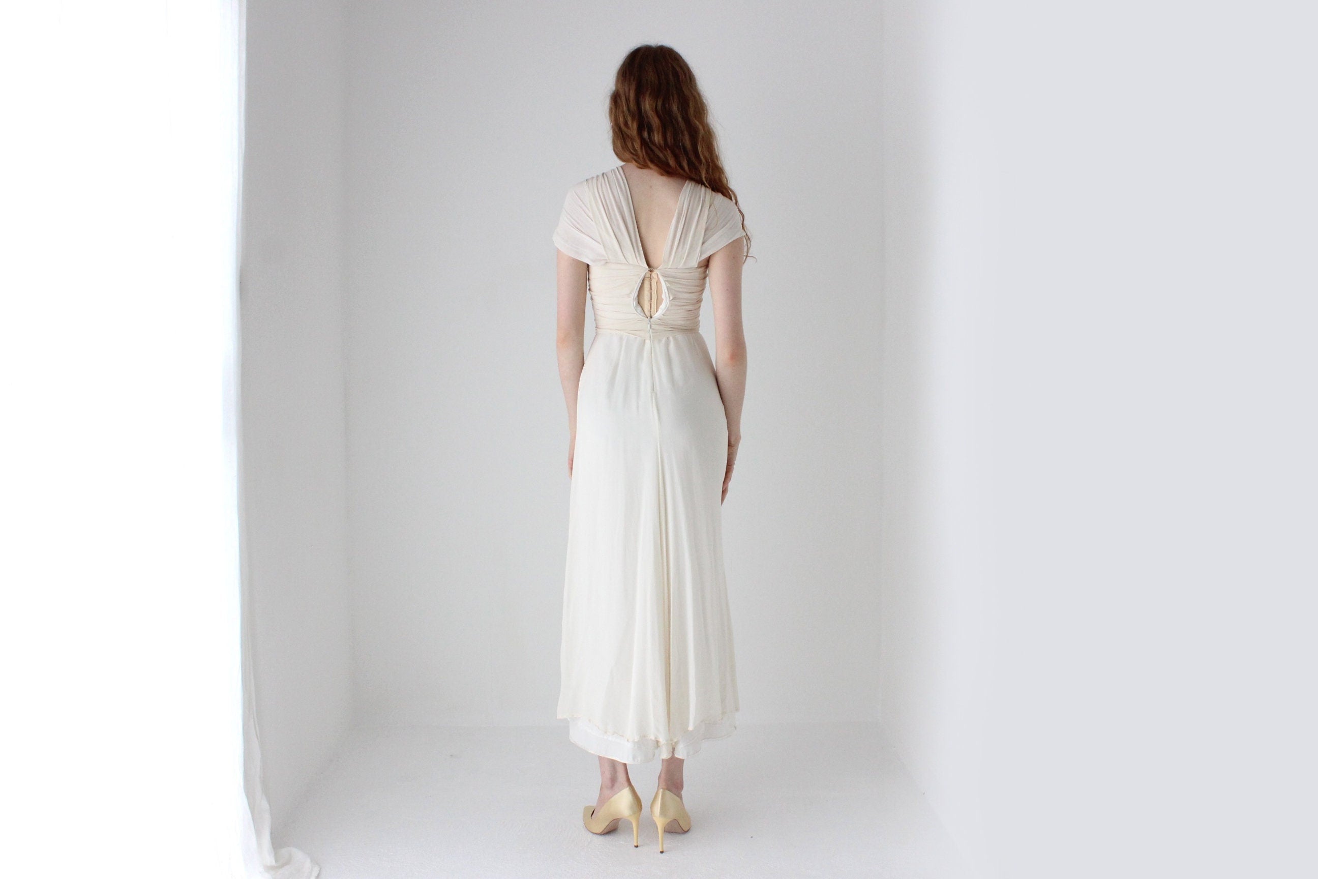 1990s Lisa Ho Wrapped Silk Georgette Ivory Wedding Gown