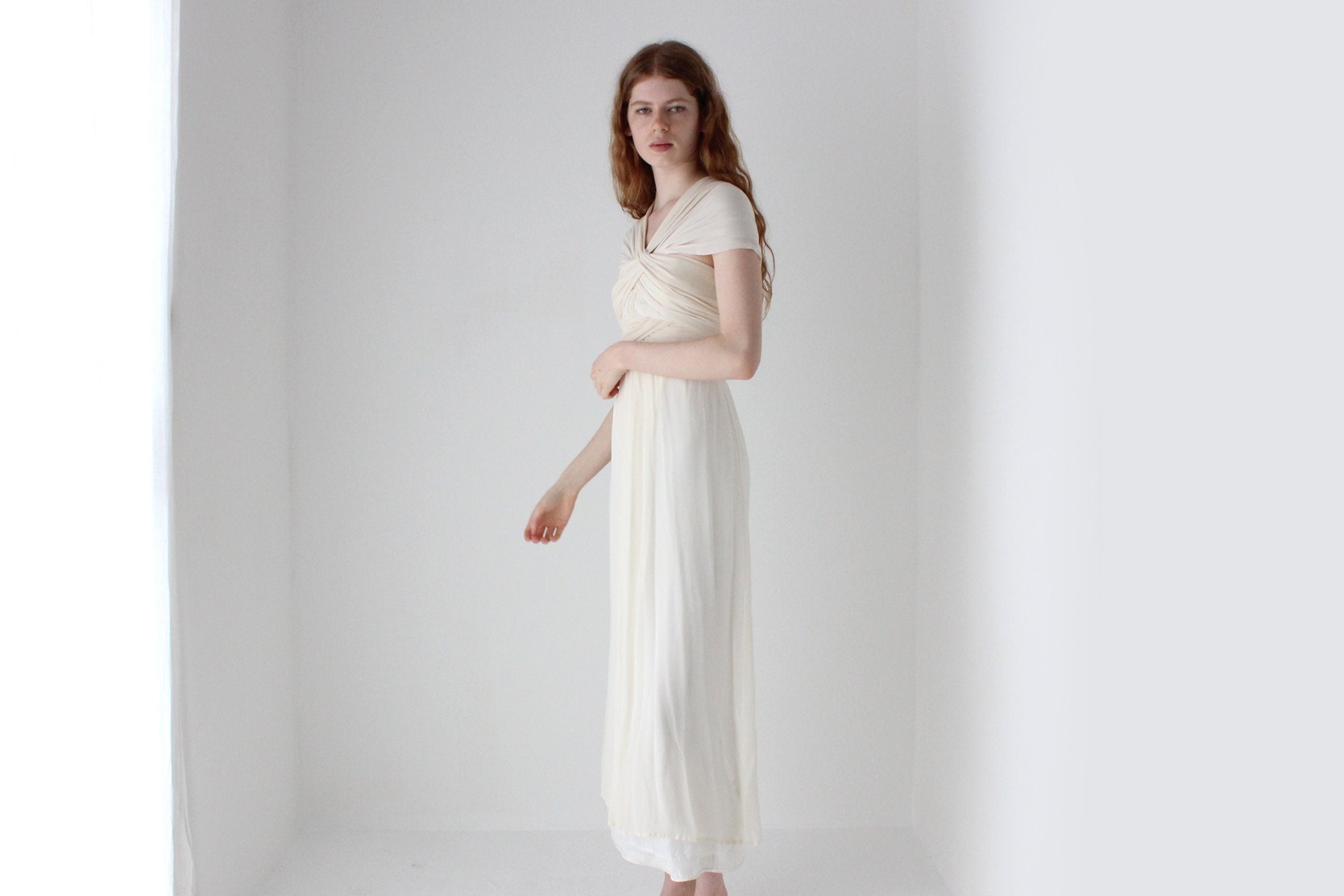 1990s Lisa Ho Wrapped Silk Georgette Ivory Wedding Gown