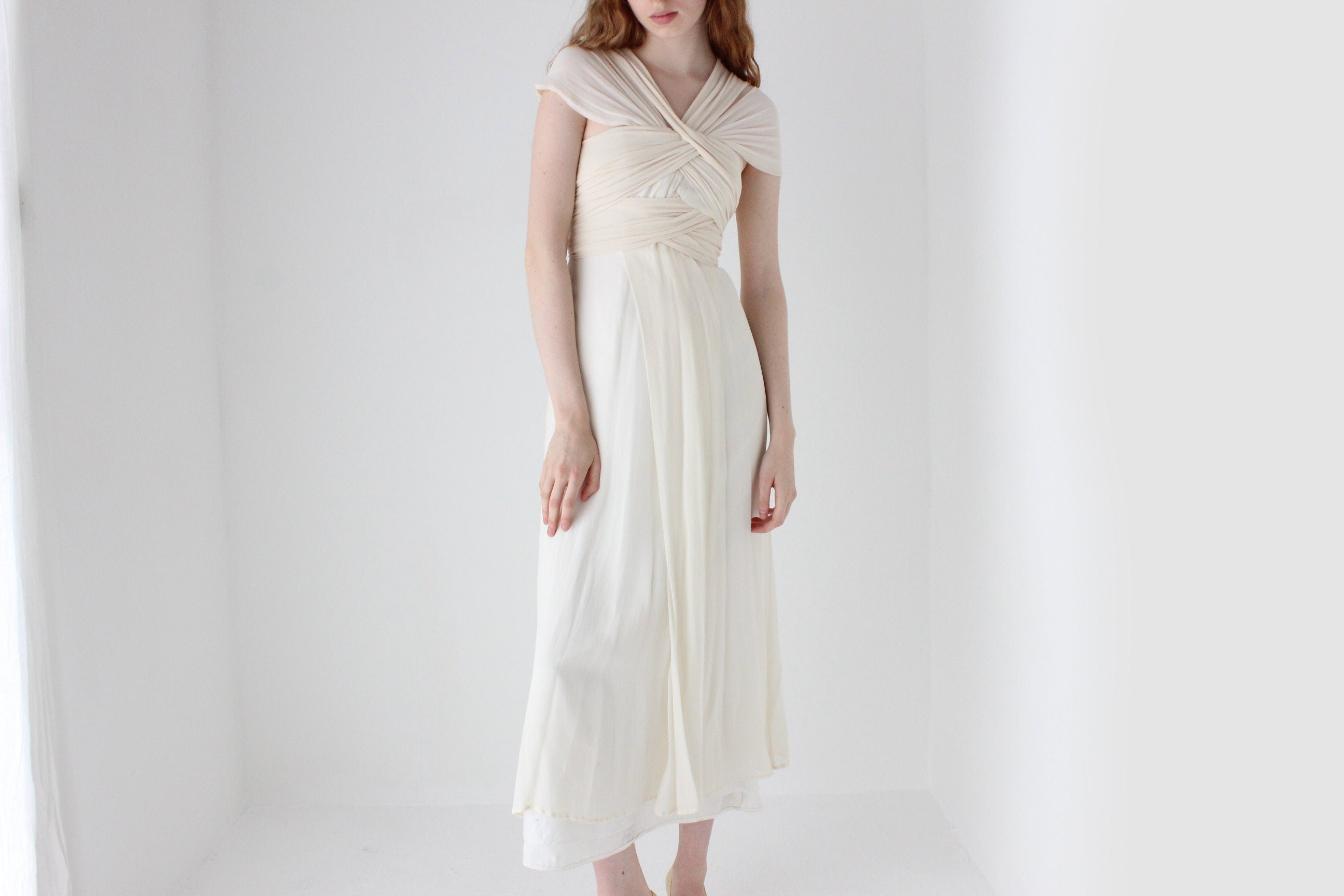 1990s Lisa Ho Wrapped Silk Georgette Ivory Wedding Gown