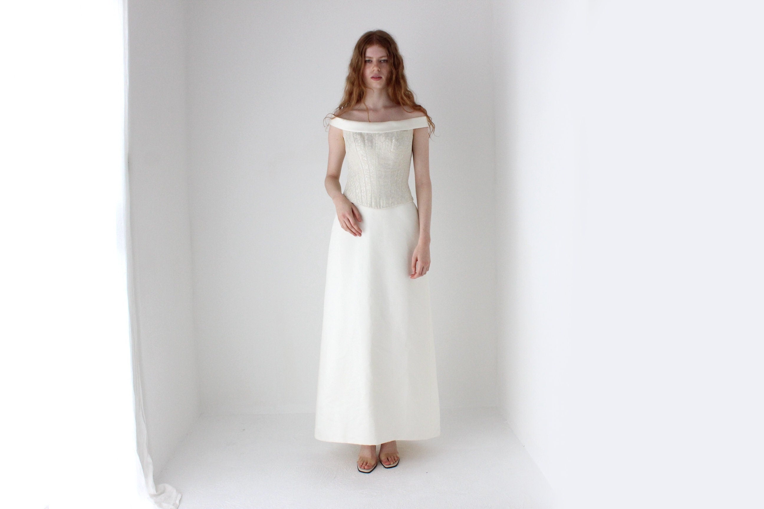 1990s Pronovias Duchess Satin Renaissance Corset Wedding Dress