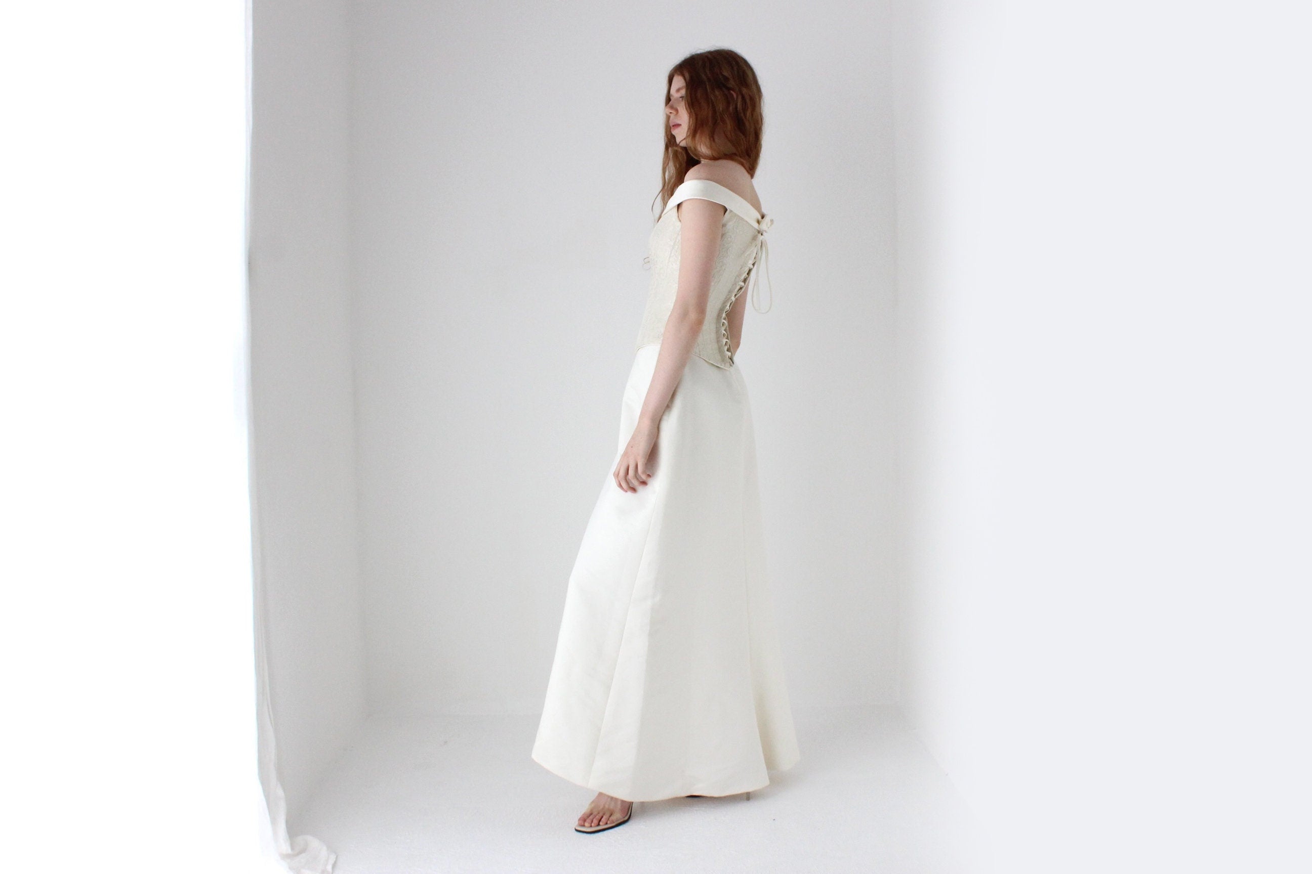 1990s Pronovias Duchess Satin Renaissance Corset Wedding Dress