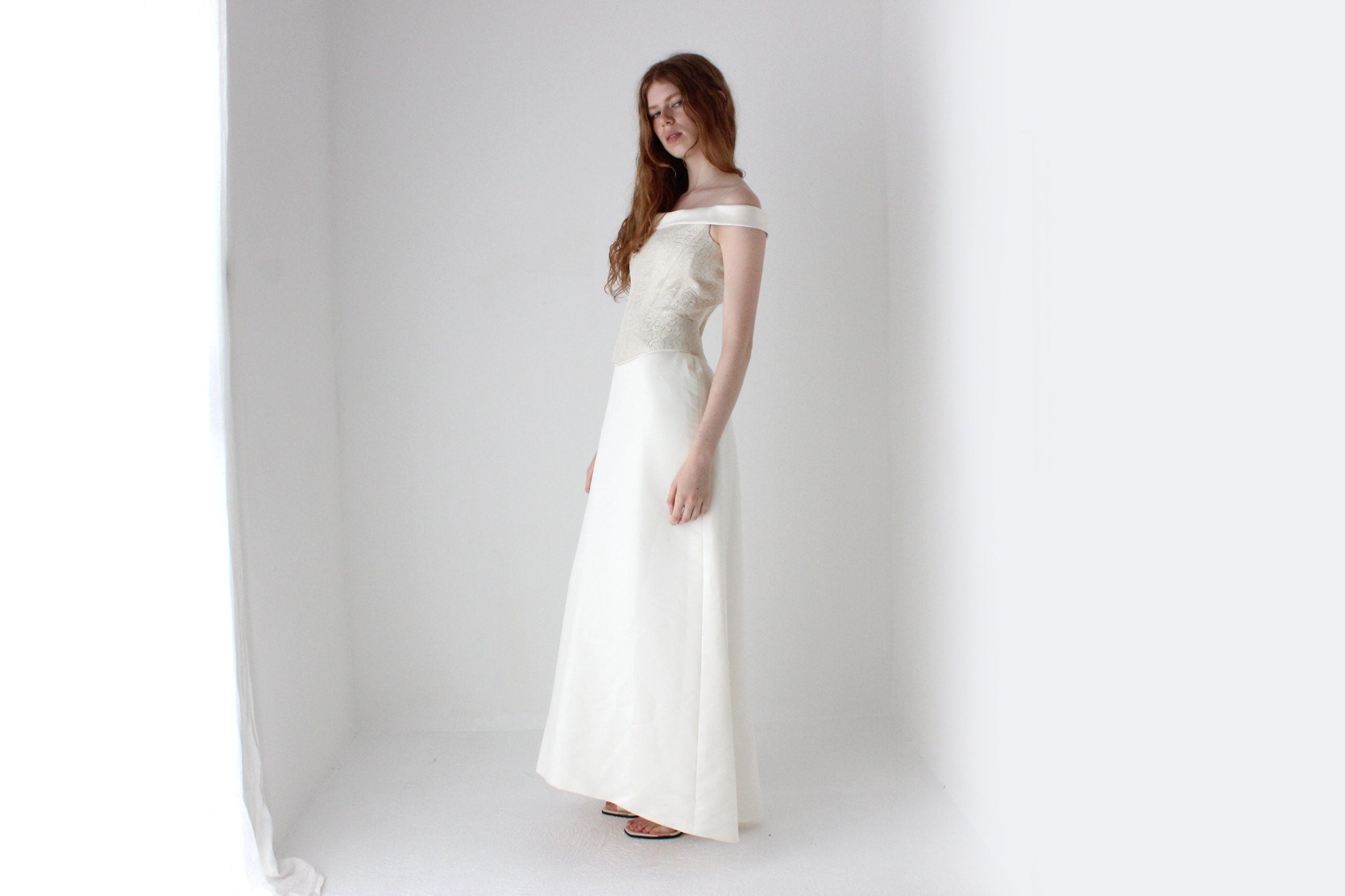 1990s Pronovias Duchess Satin Renaissance Corset Wedding Dress