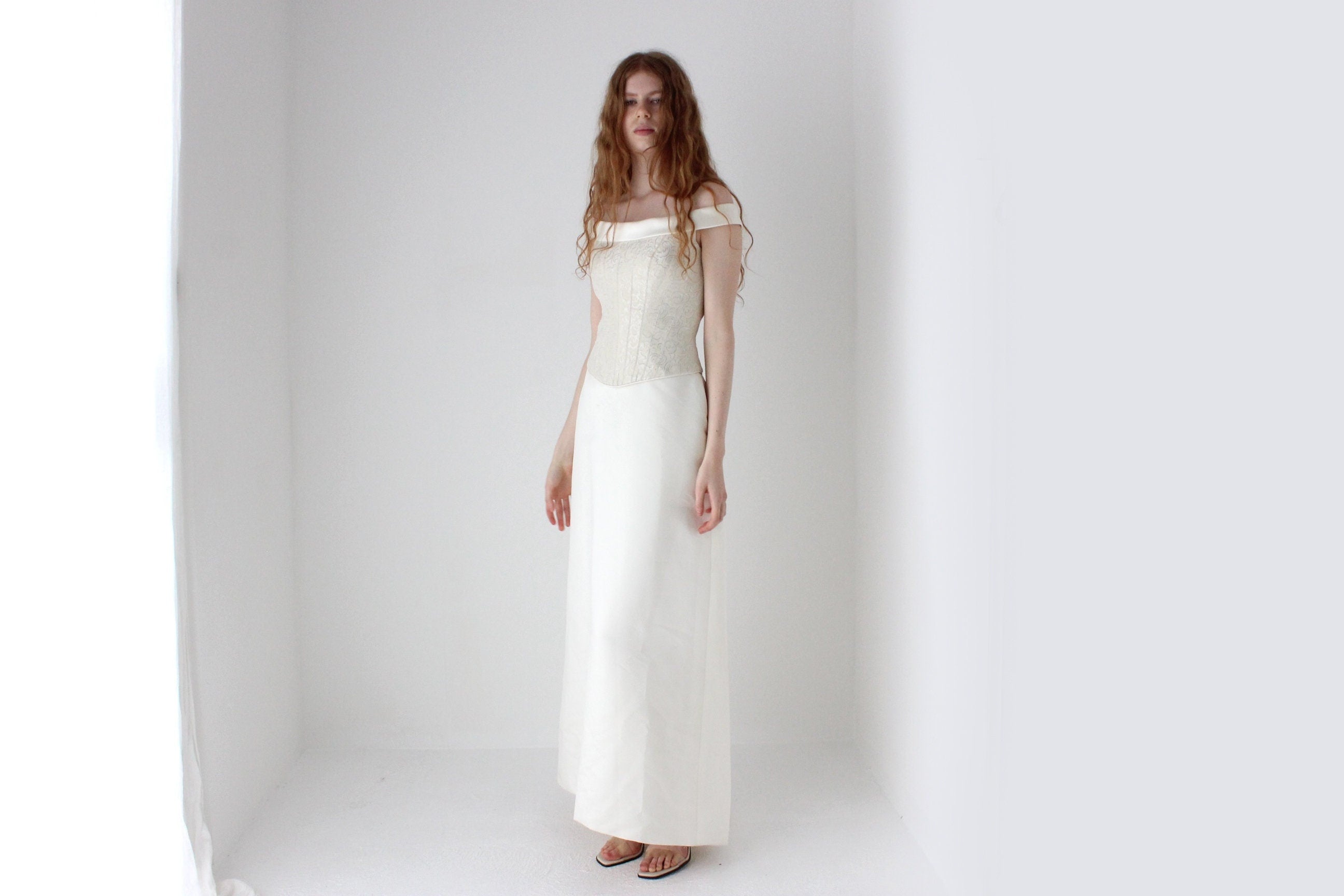 1990s Pronovias Duchess Satin Renaissance Corset Wedding Dress