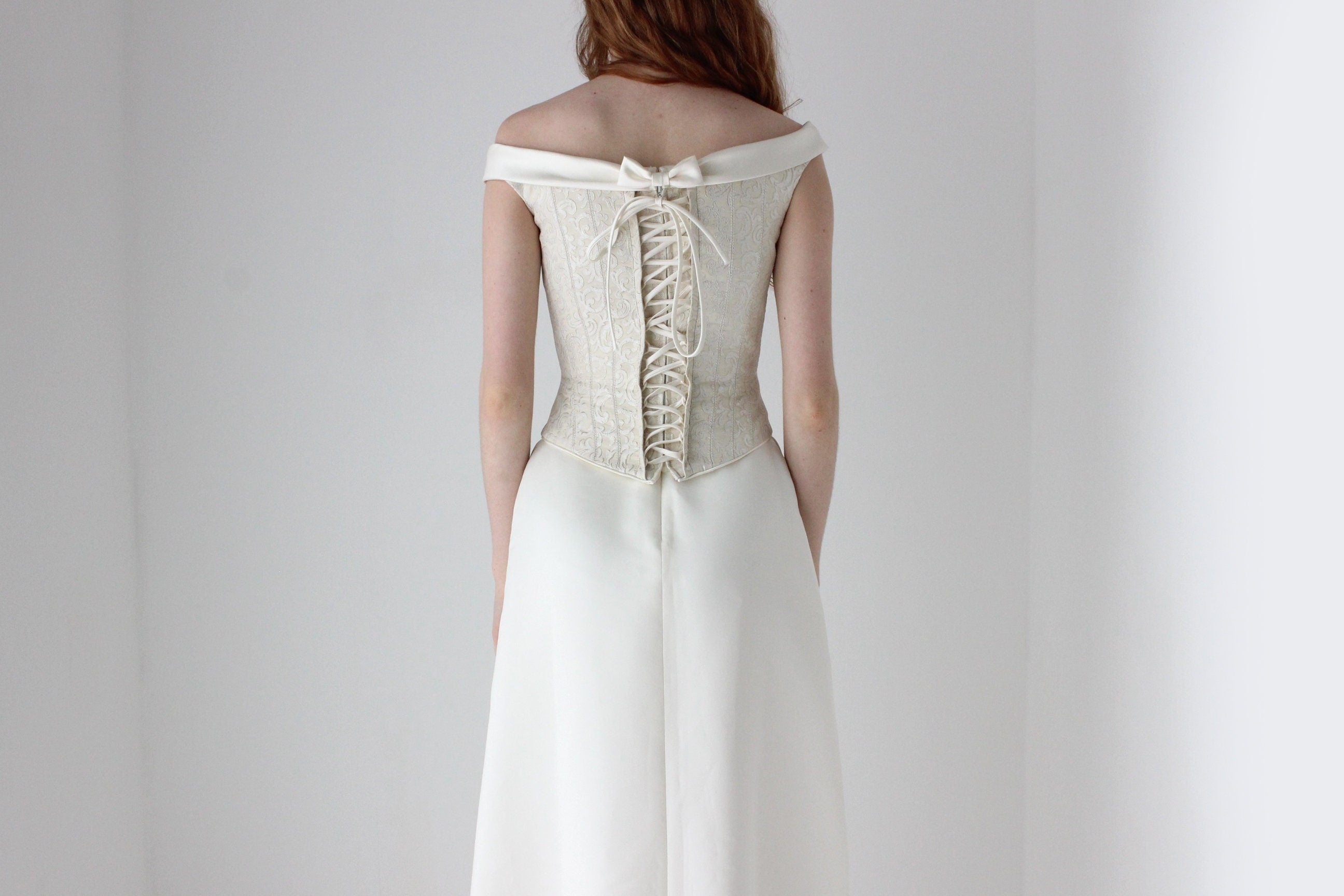 1990s Pronovias Duchess Satin Renaissance Corset Wedding Dress