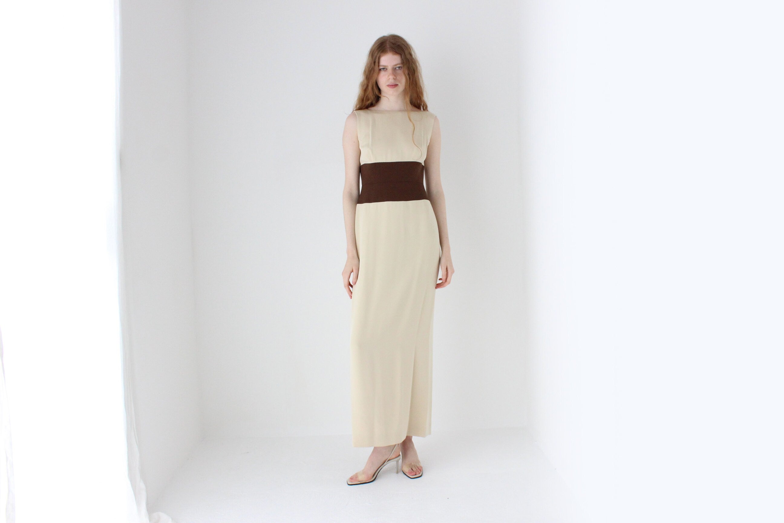 1990s Melinda Eng Chic Neutral Silk Column Gown w/ Chocolate Centre