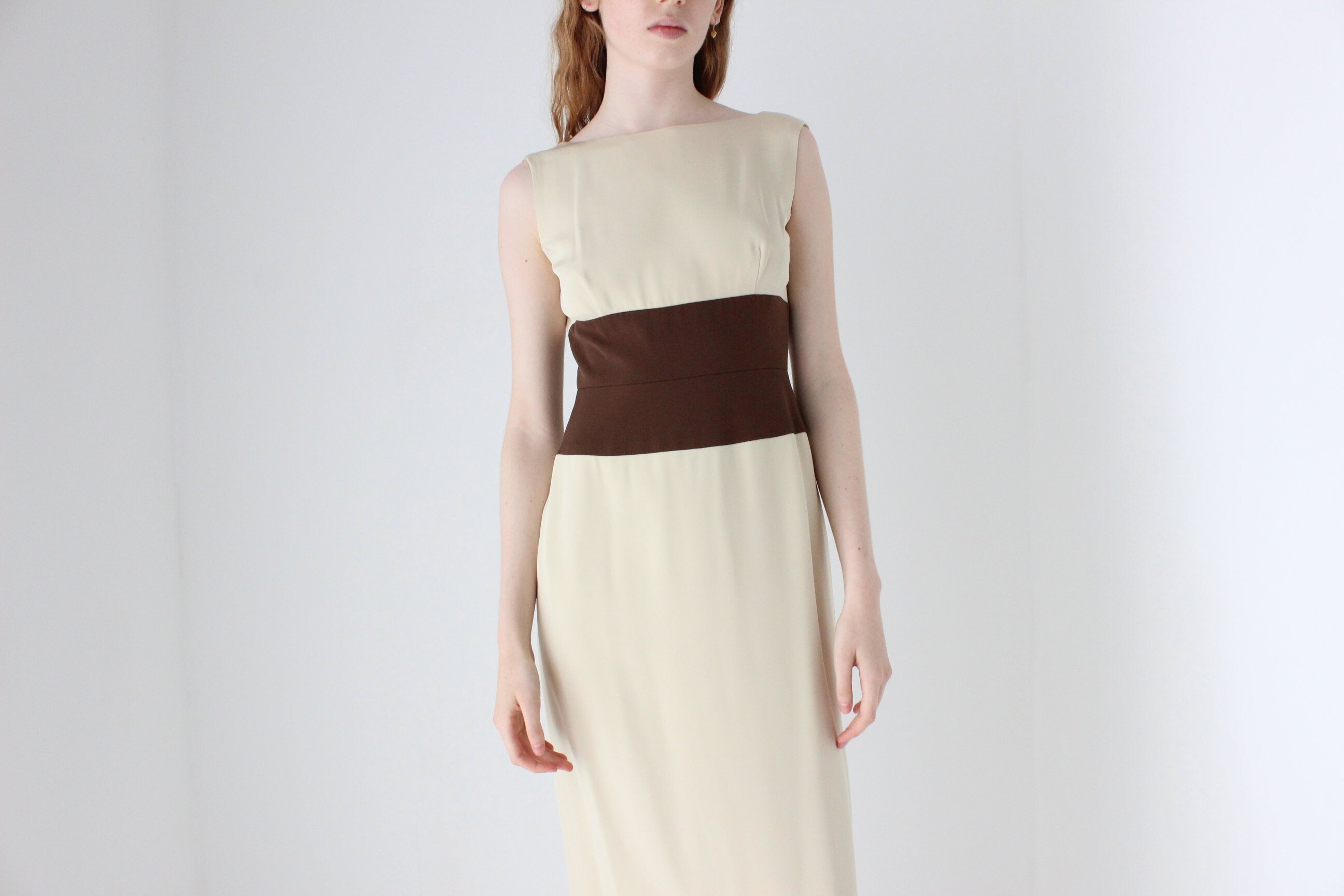 1990s Melinda Eng Chic Neutral Silk Column Gown w/ Chocolate Centre
