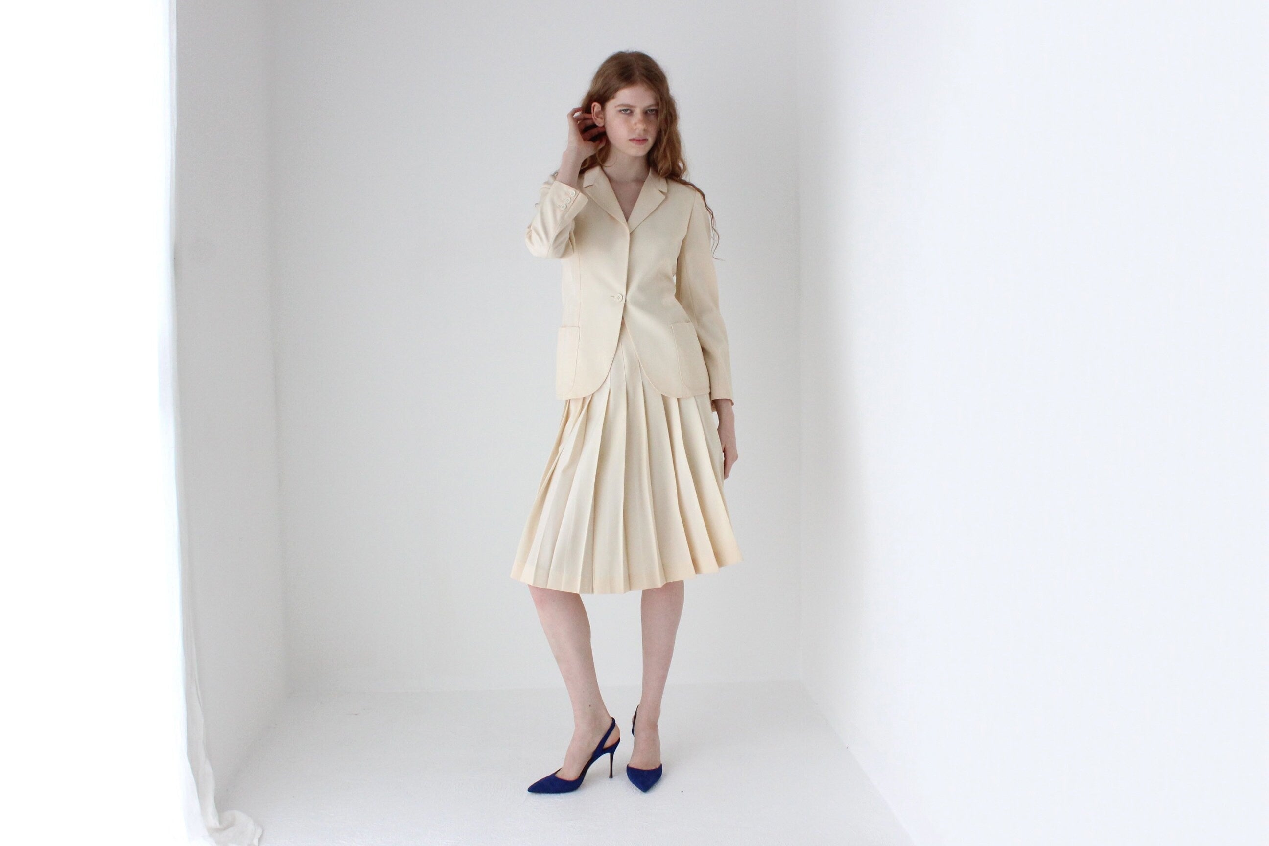 1970s Krizia Italy Cream Wool Two Piece Bridal Skirt Suit