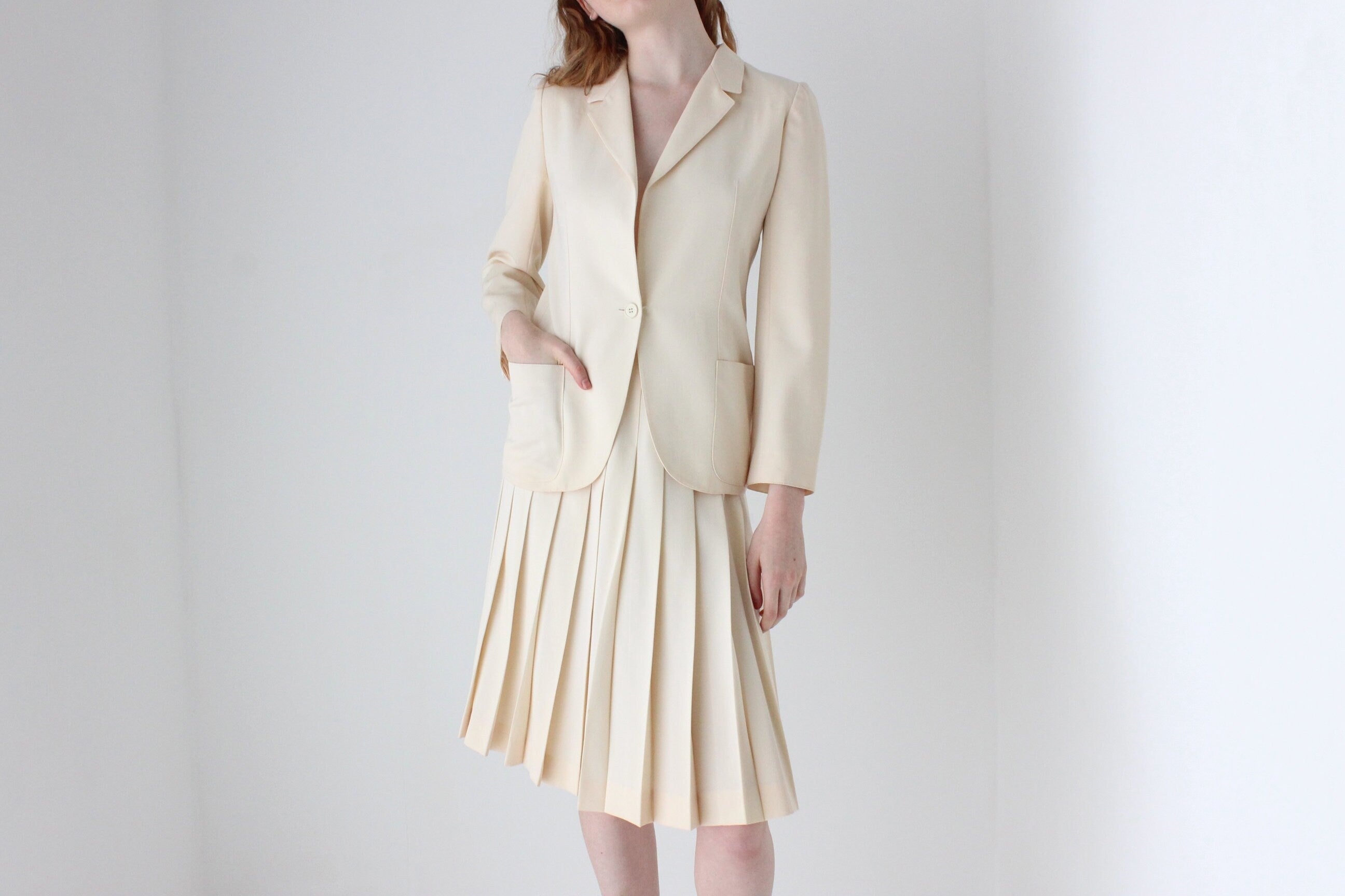 1970s Krizia Italy Cream Wool Two Piece Bridal Skirt Suit