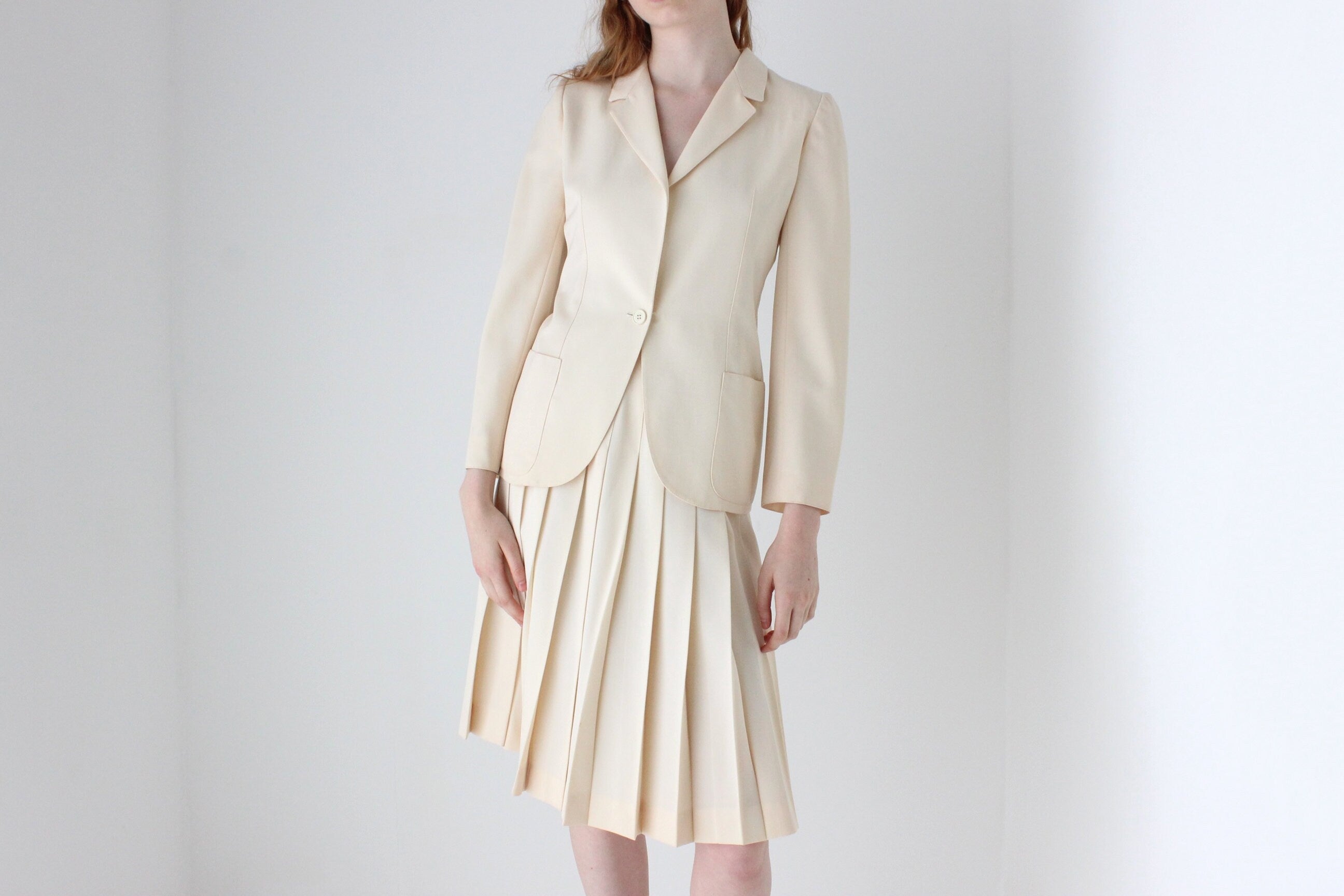 1970s Krizia Italy Cream Wool Two Piece Bridal Skirt Suit