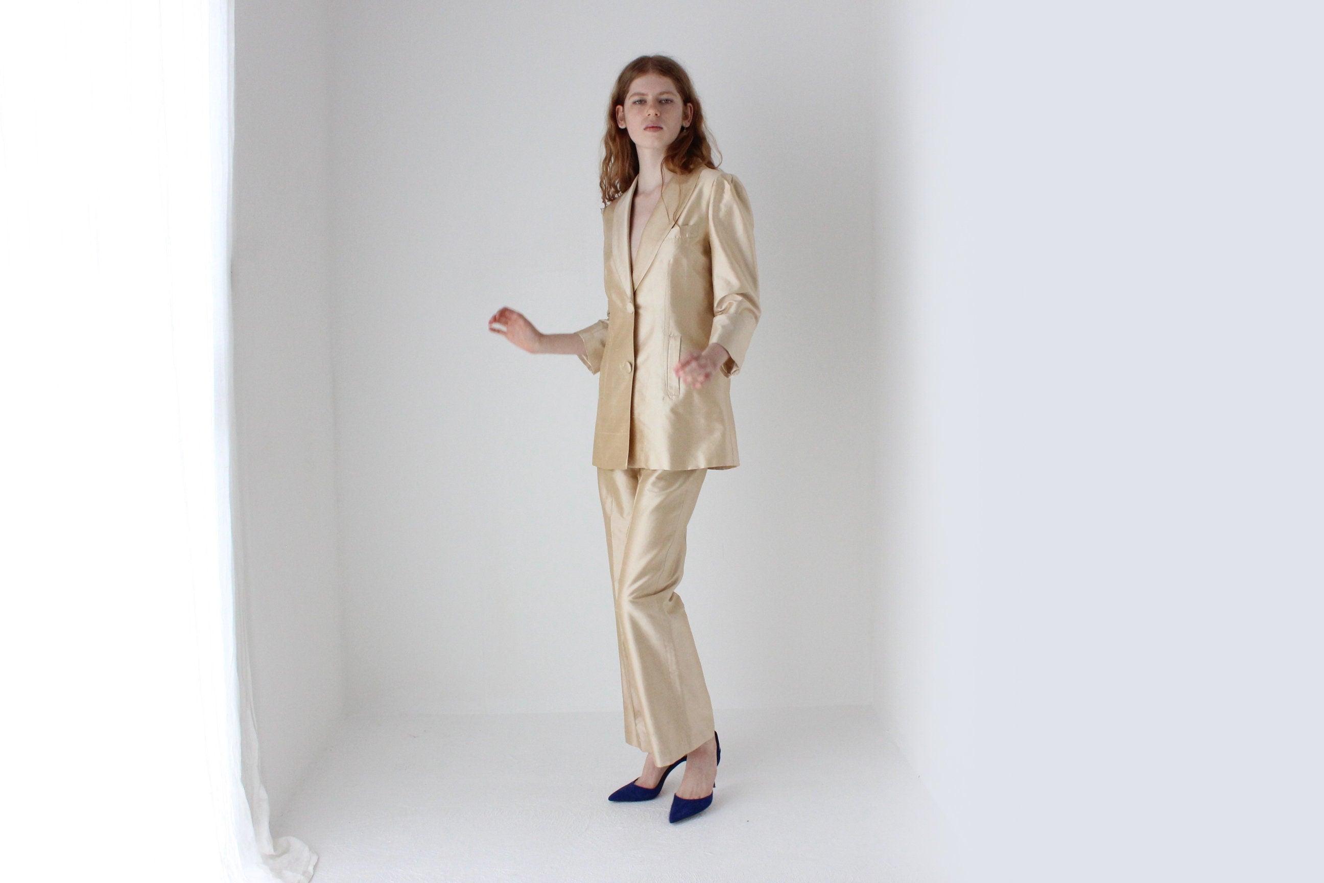 1980s Neiman Marcus Champagne Raw Silk Two Piece Bridal Pant Suit