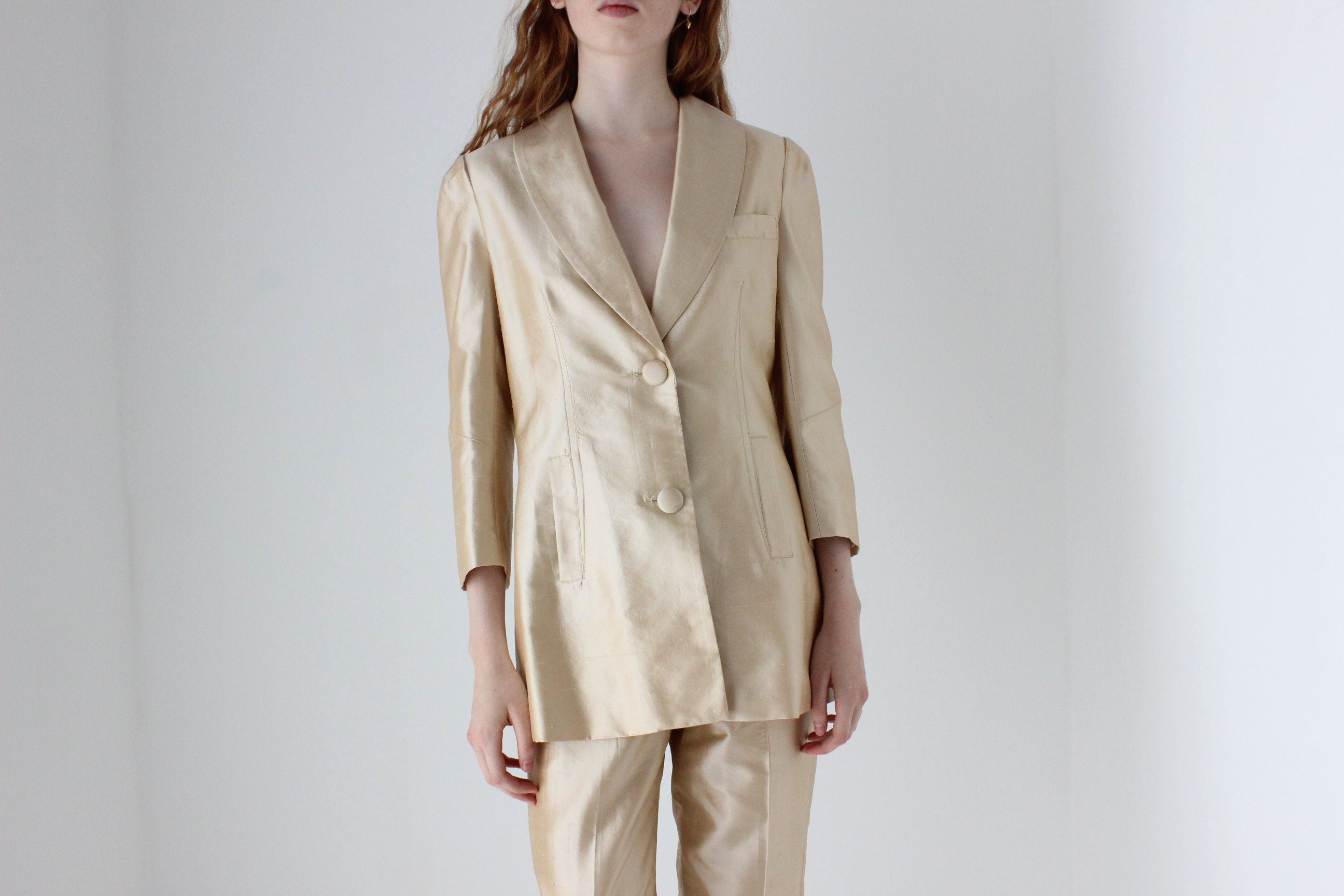 1980s Neiman Marcus Champagne Raw Silk Two Piece Bridal Pant Suit