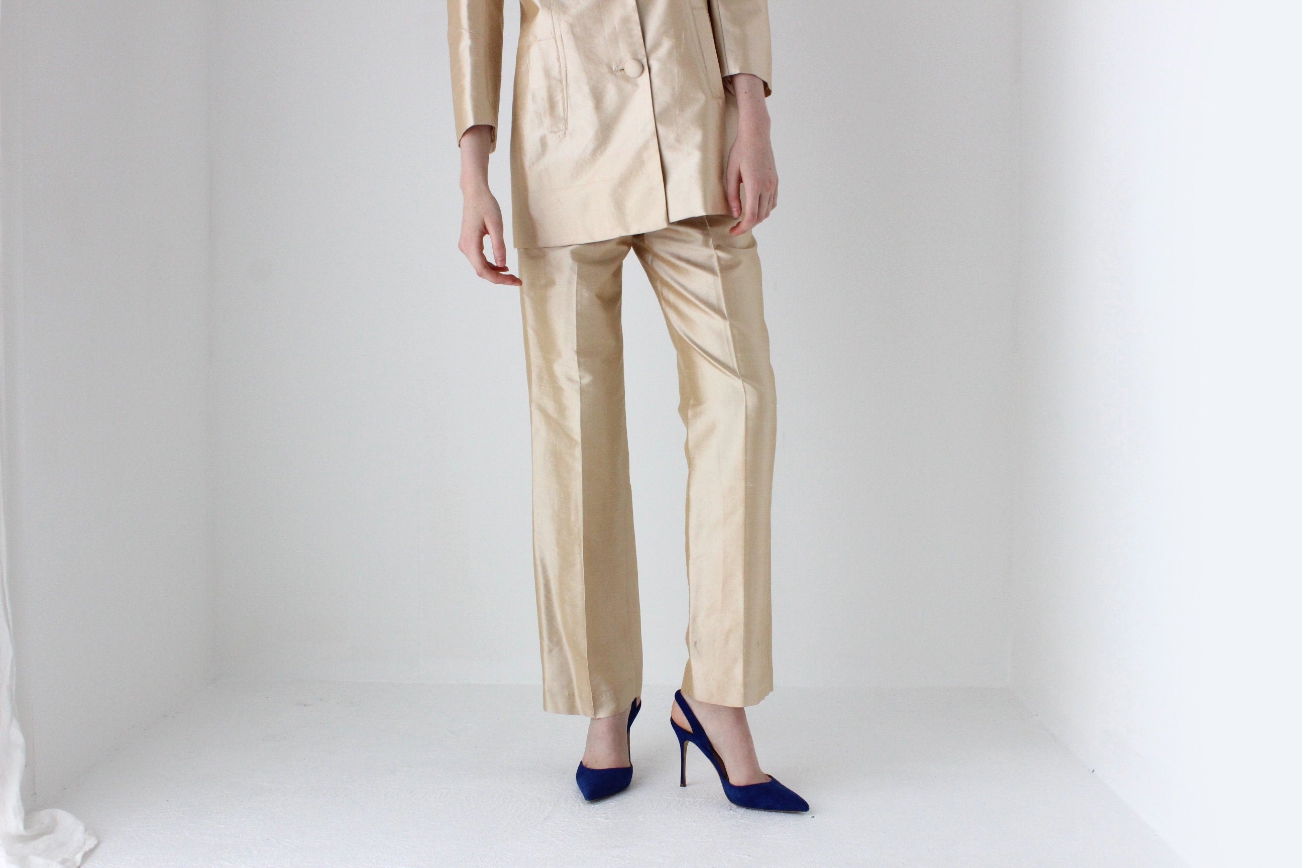 1980s Neiman Marcus Champagne Raw Silk Two Piece Bridal Pant Suit