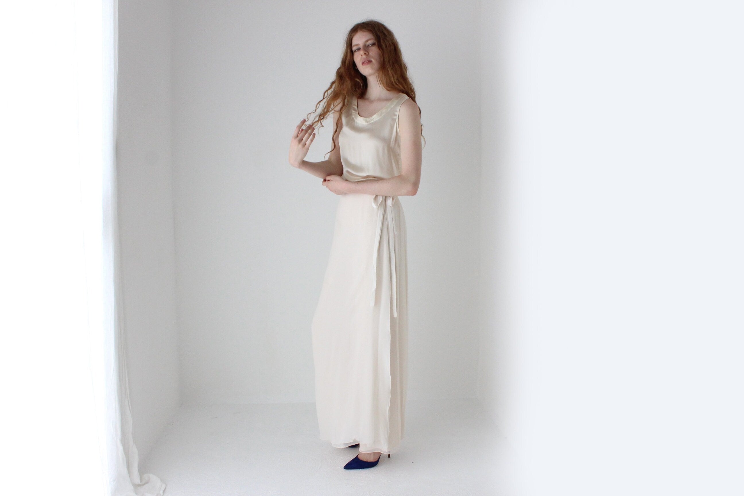 1990s St John Layered Silk Minimal High Waist Floaty Loose Wide Leg Bridal Pants