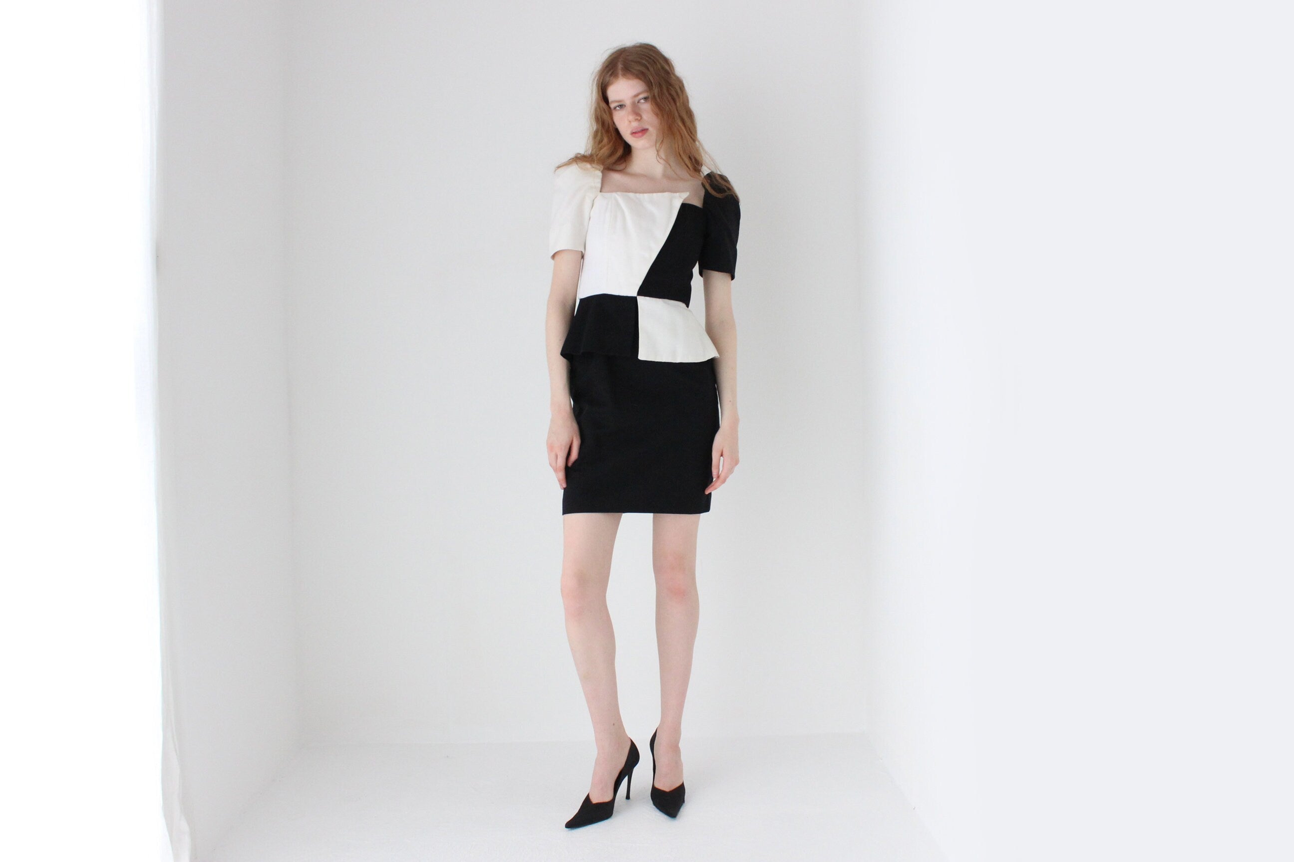 1980s Victor Costa Black & White Contrast Cocktail Dress