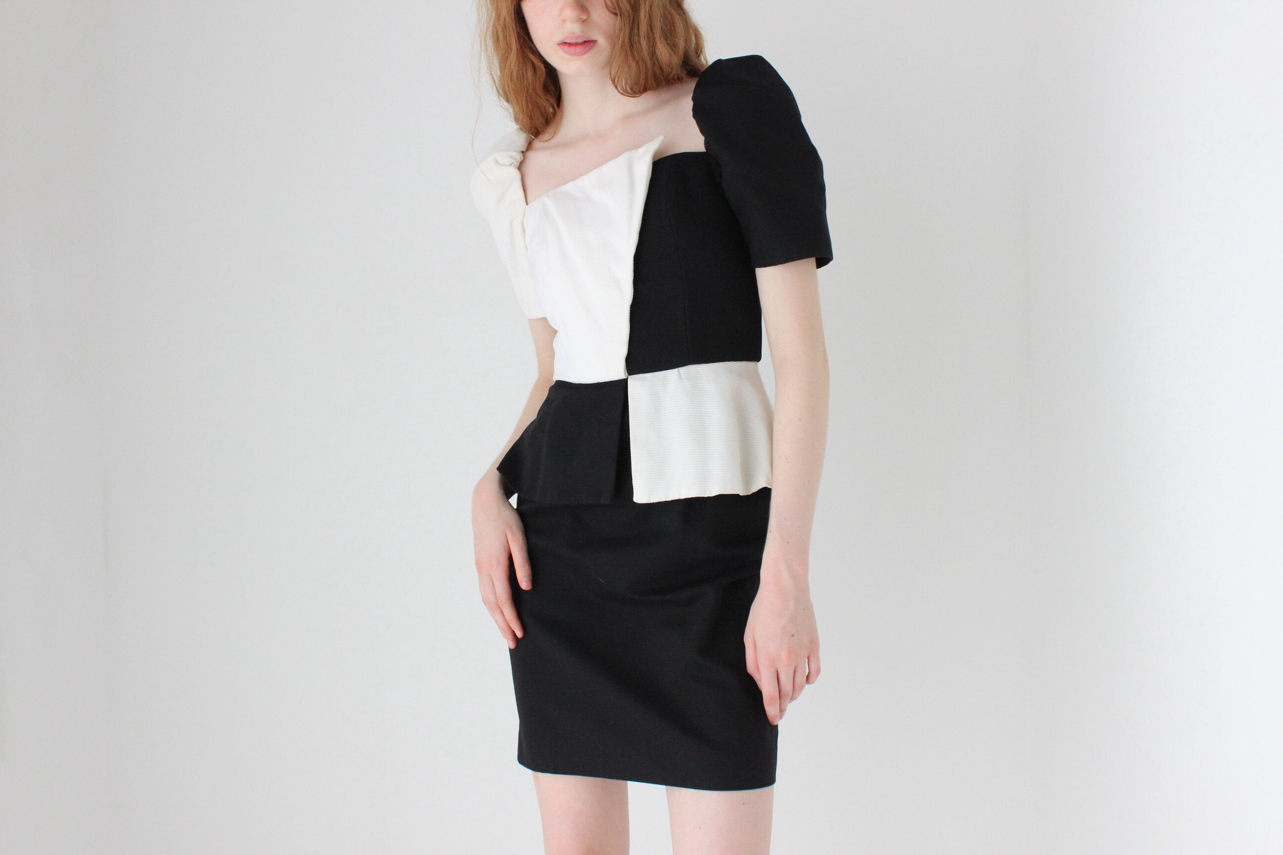 1980s Victor Costa Black & White Contrast Cocktail Dress