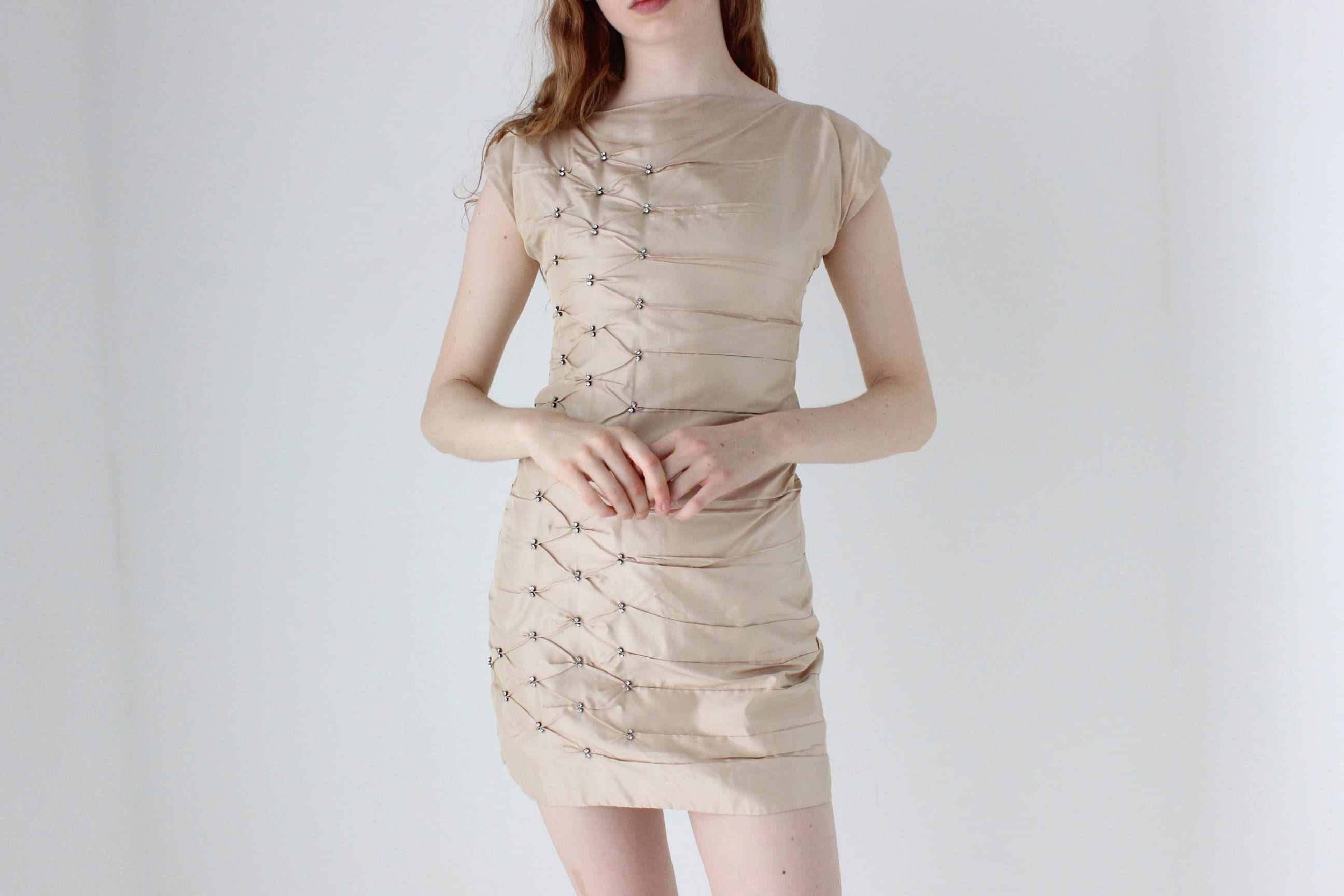 Y2K Valentino Pure Silk Cocktail Dress w/ Textural Ruching & Diamontes
