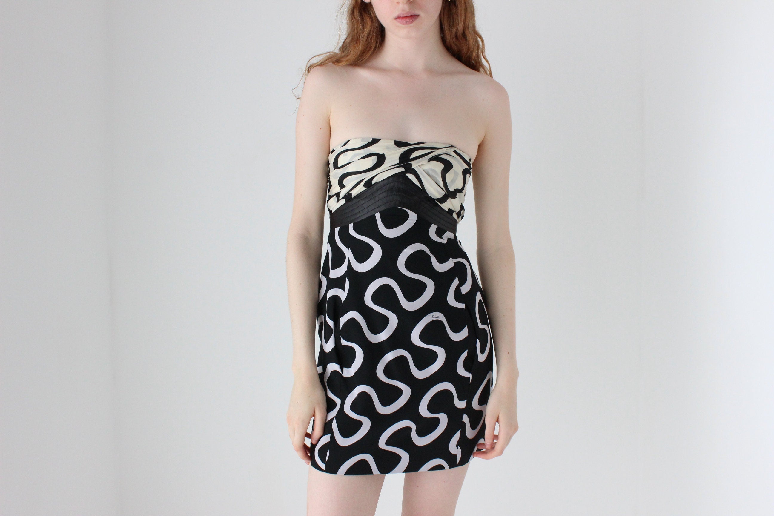 2000s Emilio Pucci Silk Printed Strapless Contrast Mini Dress