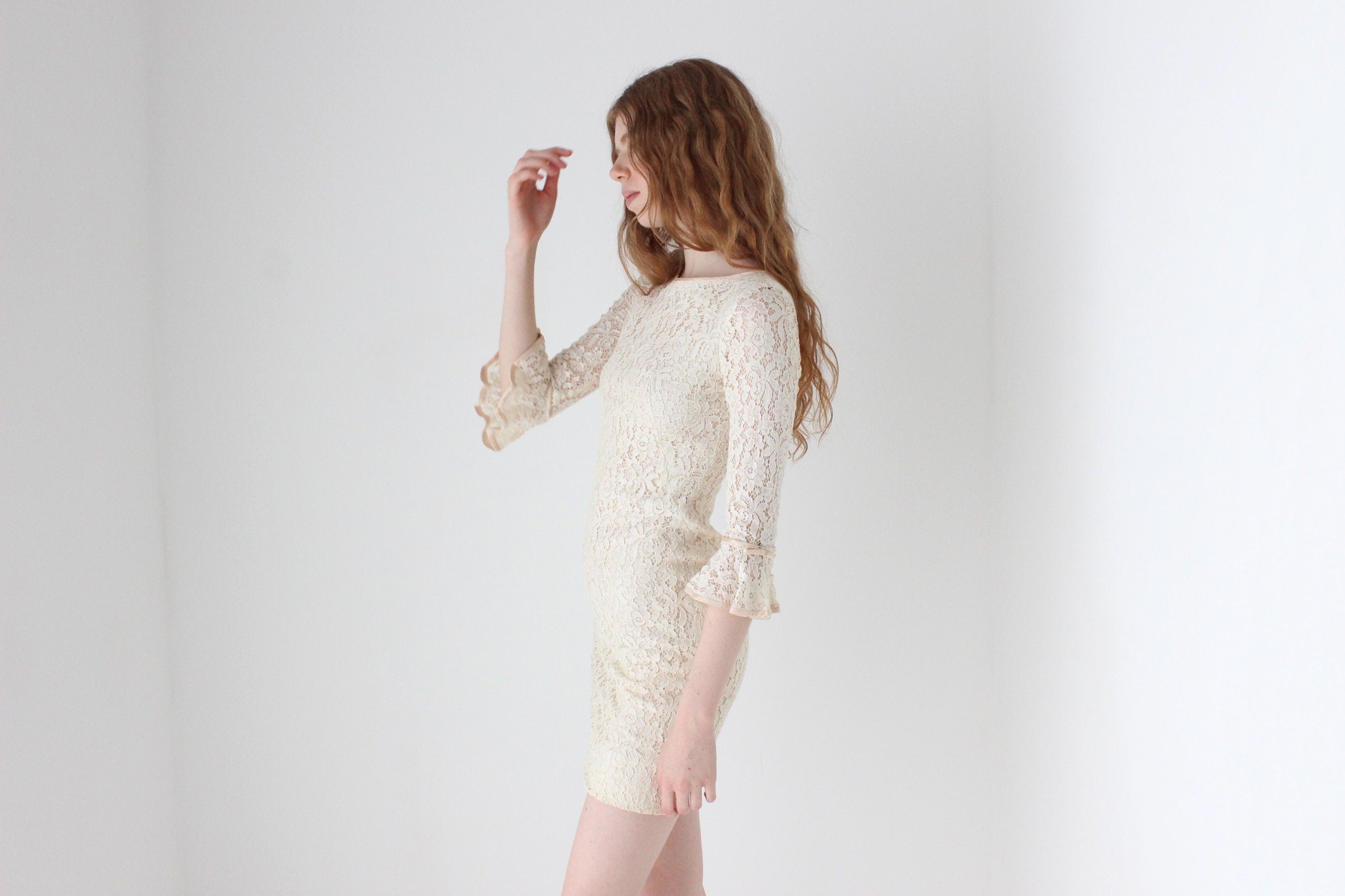 1960s Cream Lace Ruffle Sleeve Mini Wedding Dress