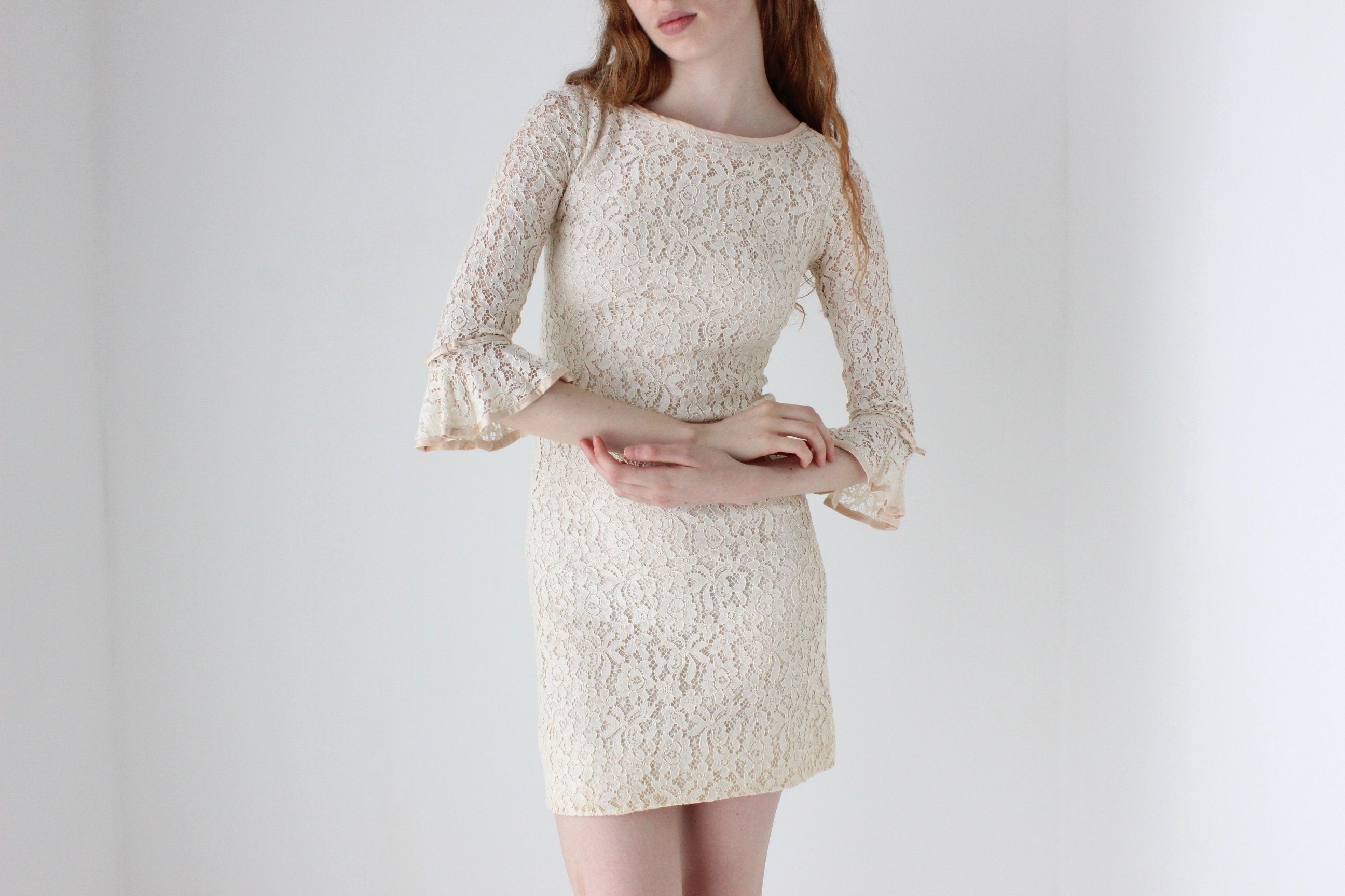 1960s Cream Lace Ruffle Sleeve Mini Wedding Dress