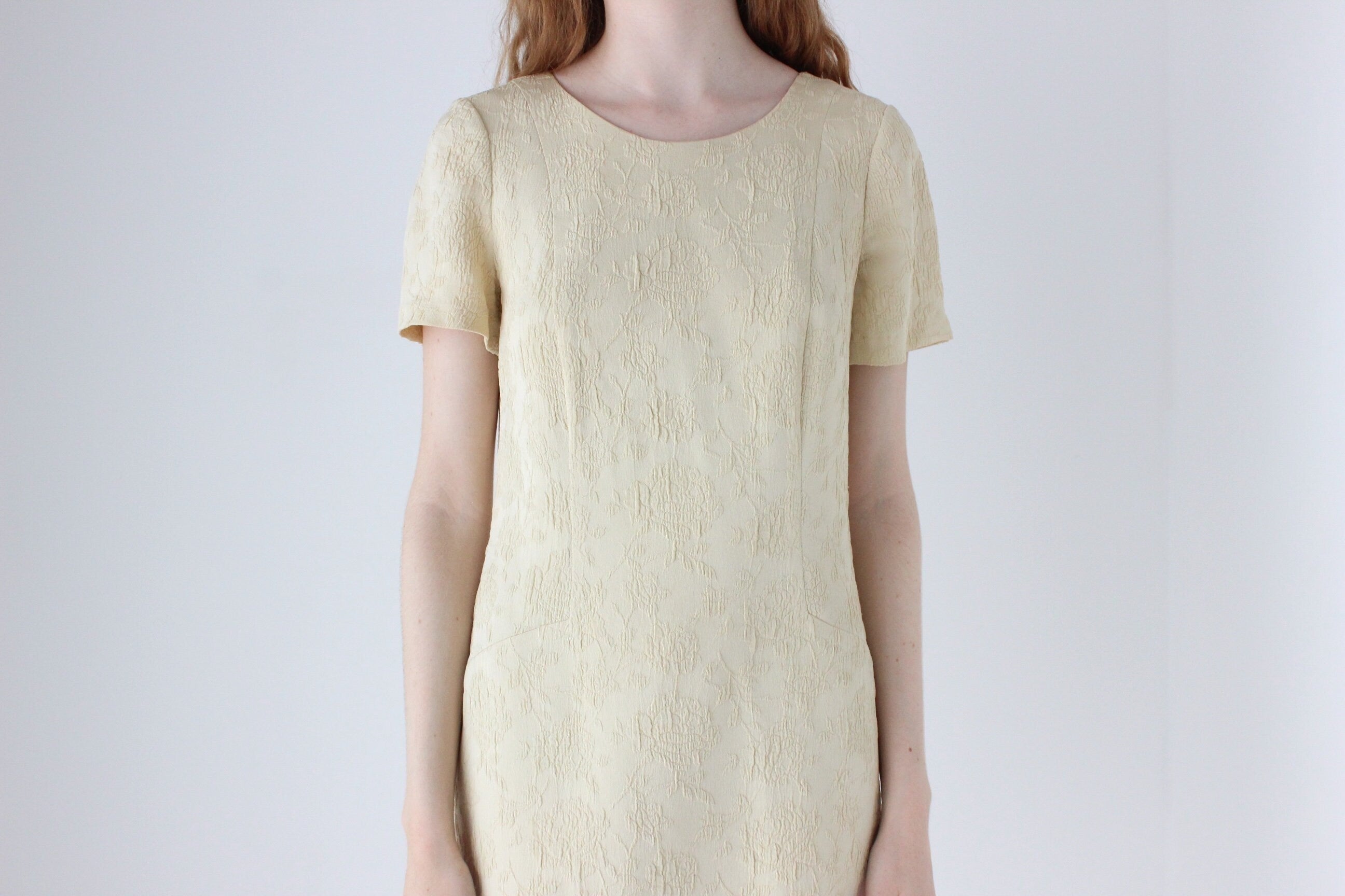 1990s Buttercream Jacquard Textured Shift Dress