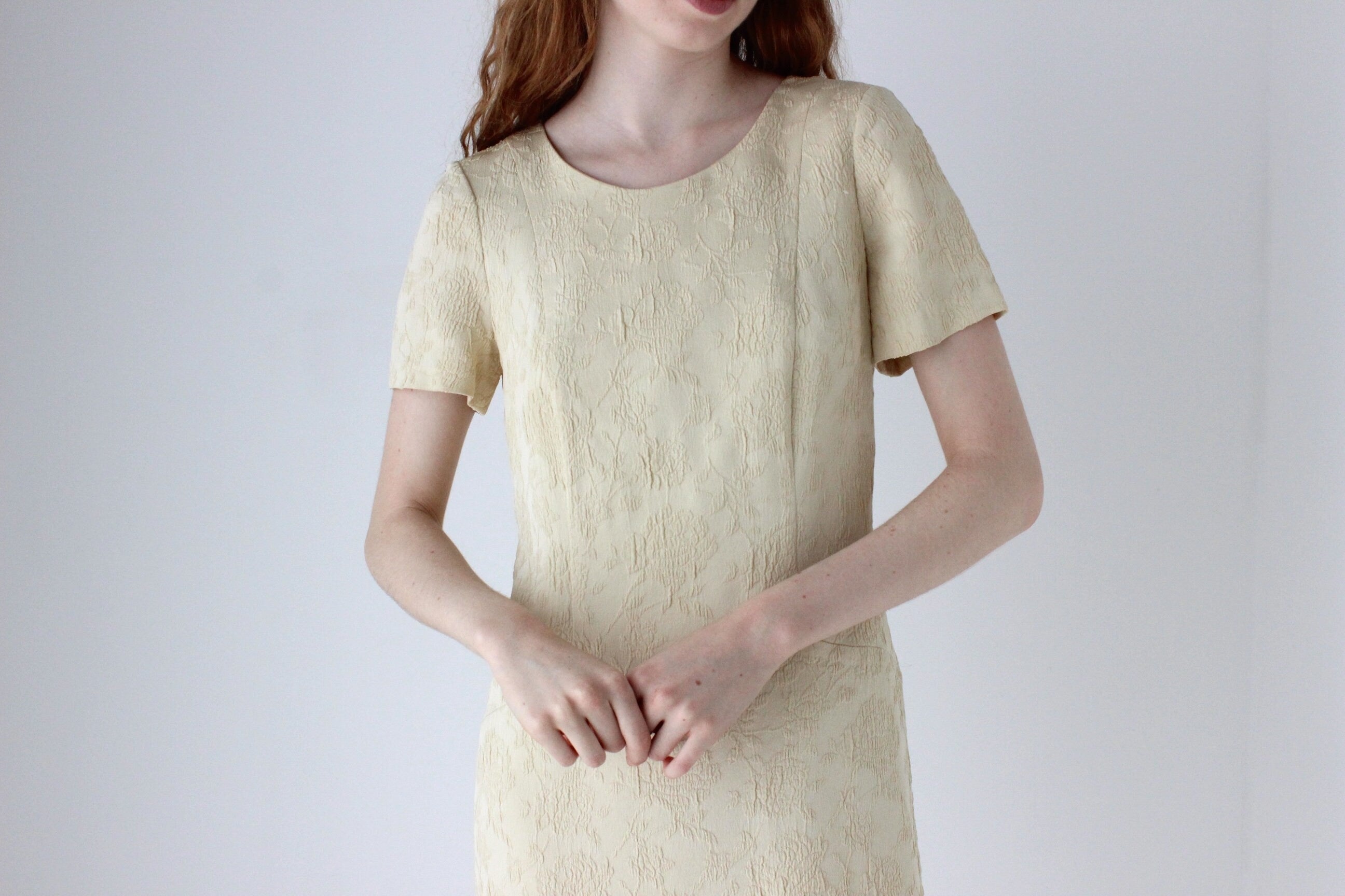 1990s Buttercream Jacquard Textured Shift Dress