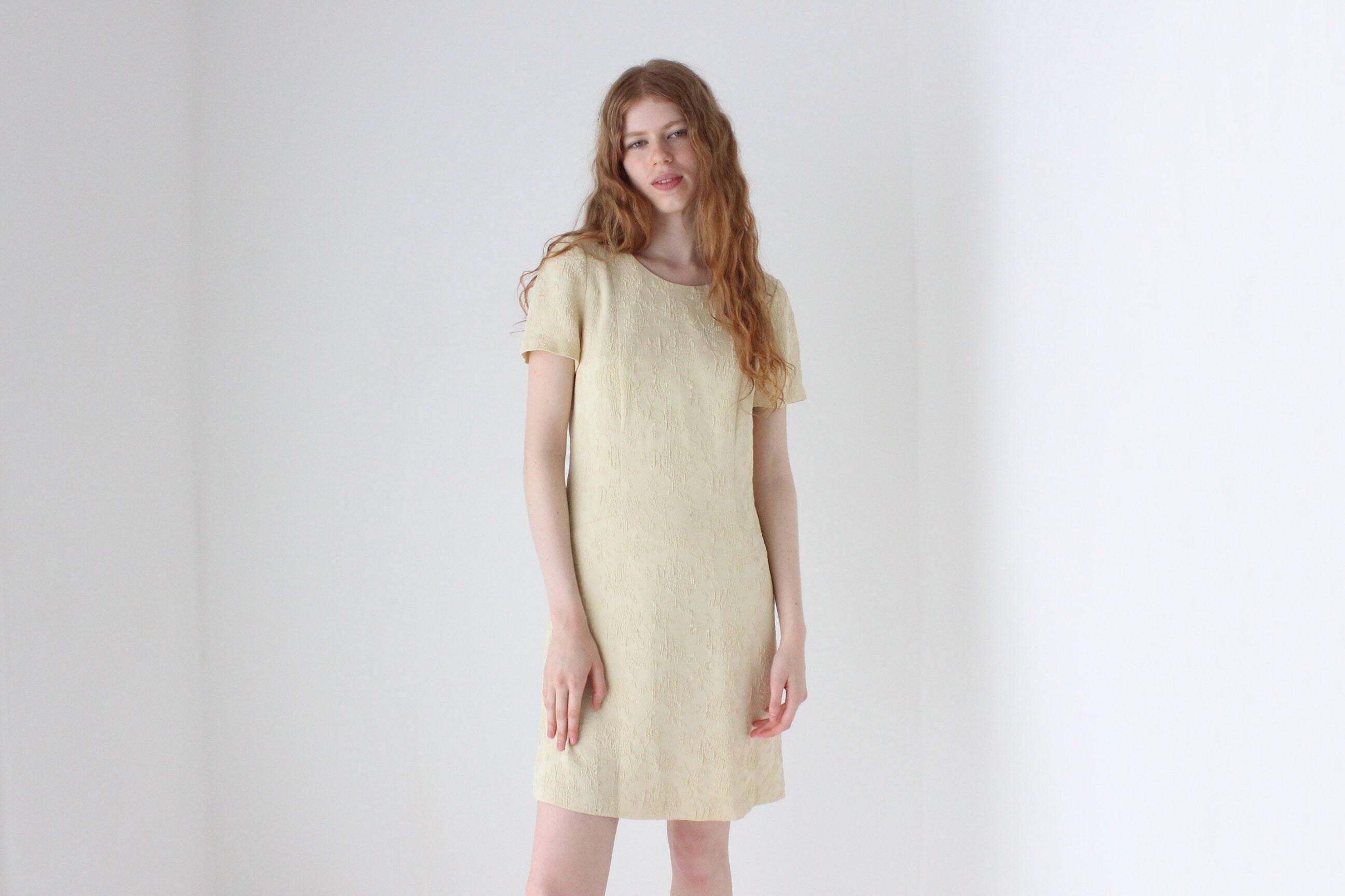 1990s Buttercream Jacquard Textured Shift Dress