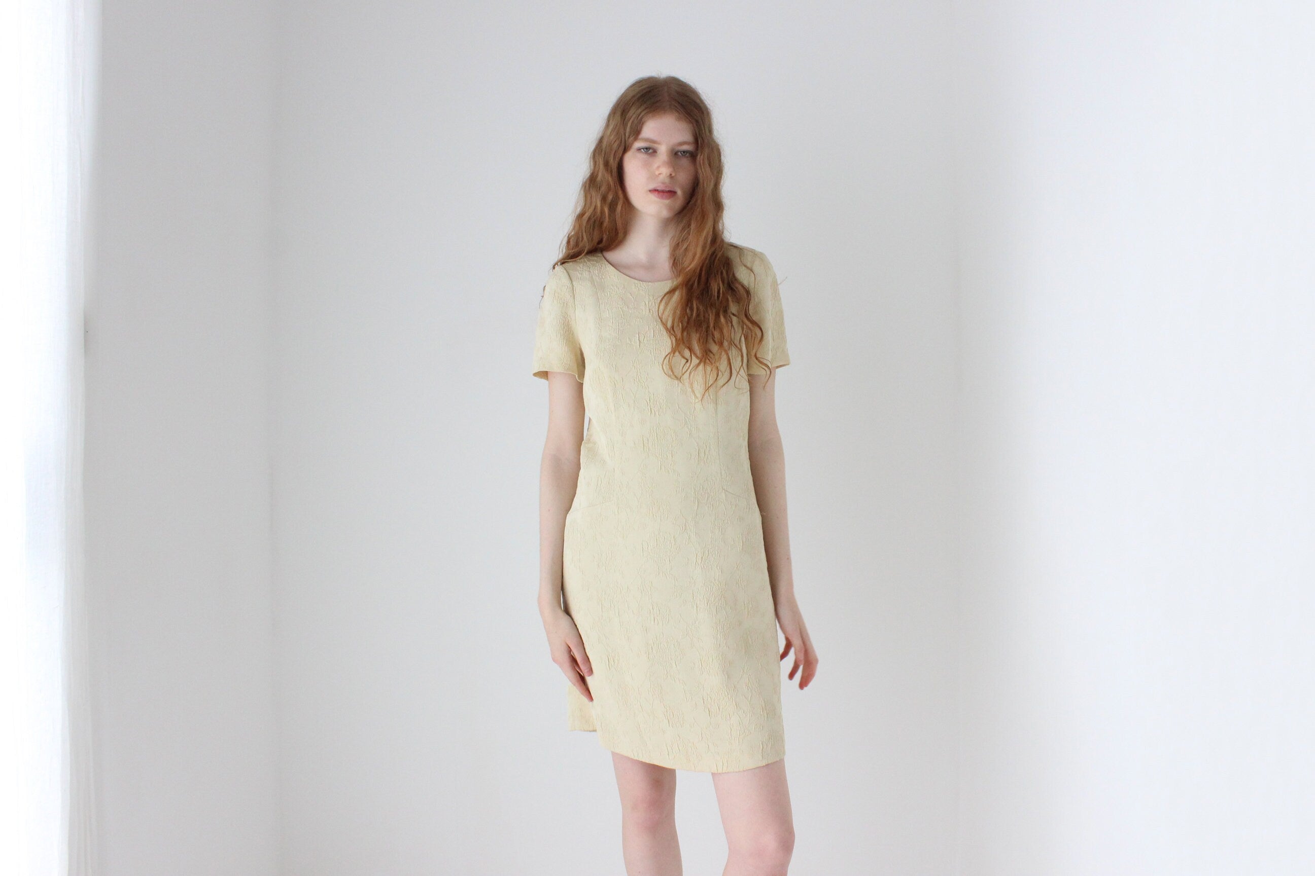 1990s Buttercream Jacquard Textured Shift Dress