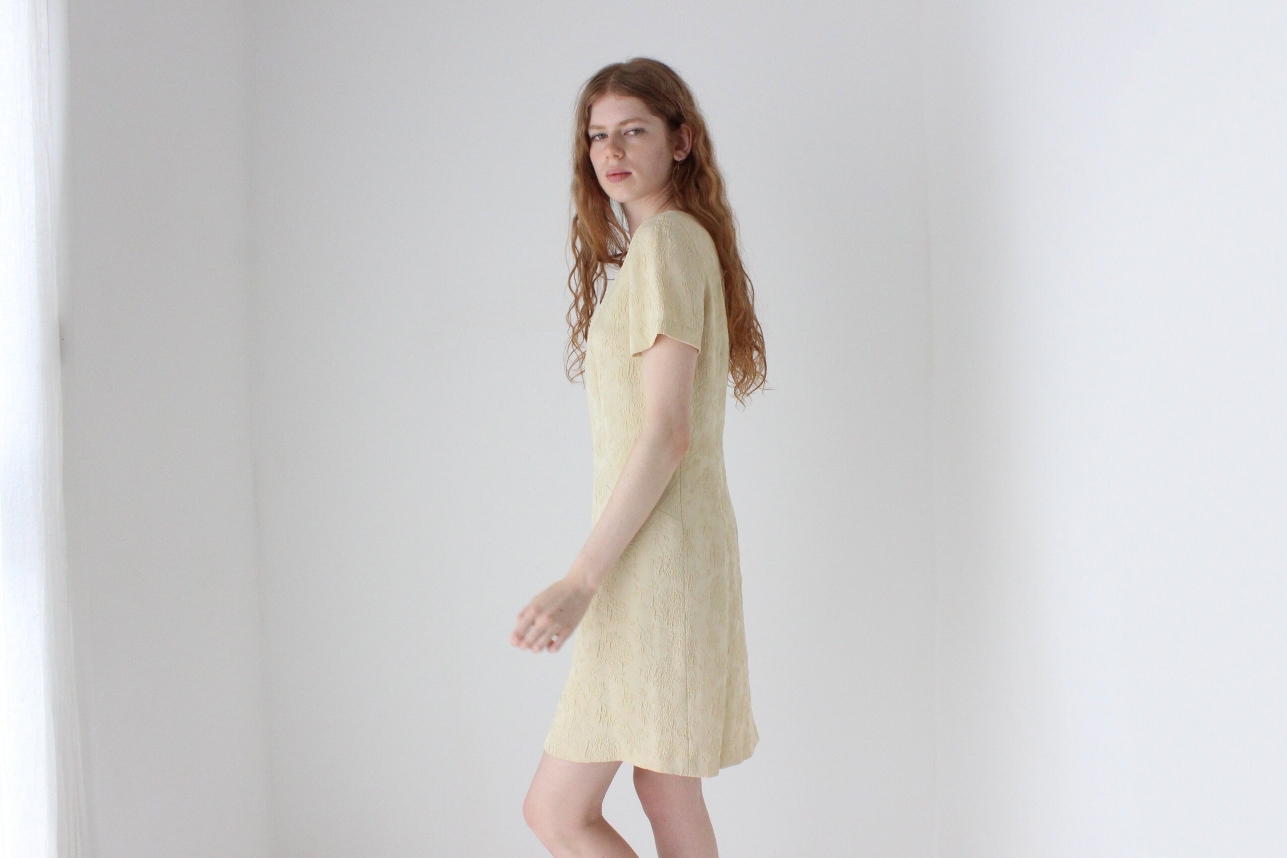 1990s Buttercream Jacquard Textured Shift Dress