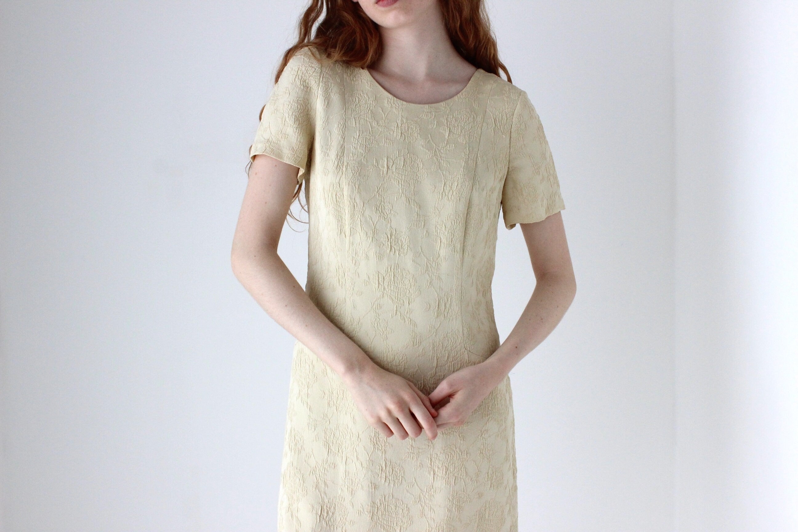 1990s Buttercream Jacquard Textured Shift Dress