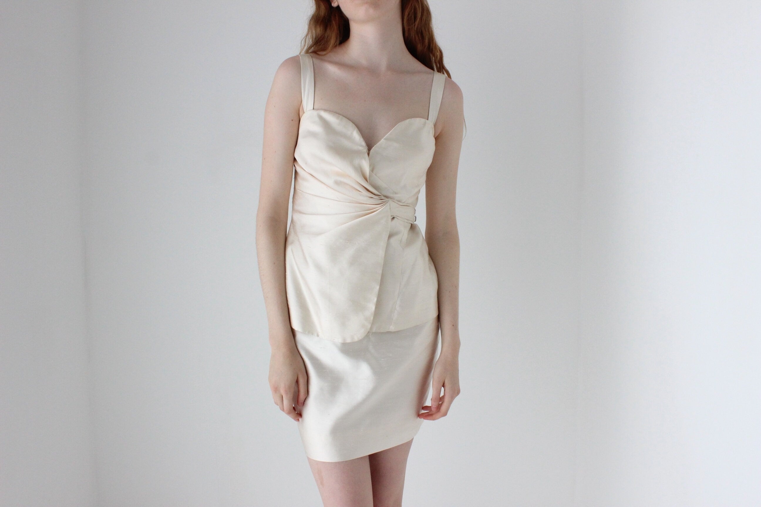 1980s Donna Karan Raw Silk Bridal Two Piece Top & Skirt Set