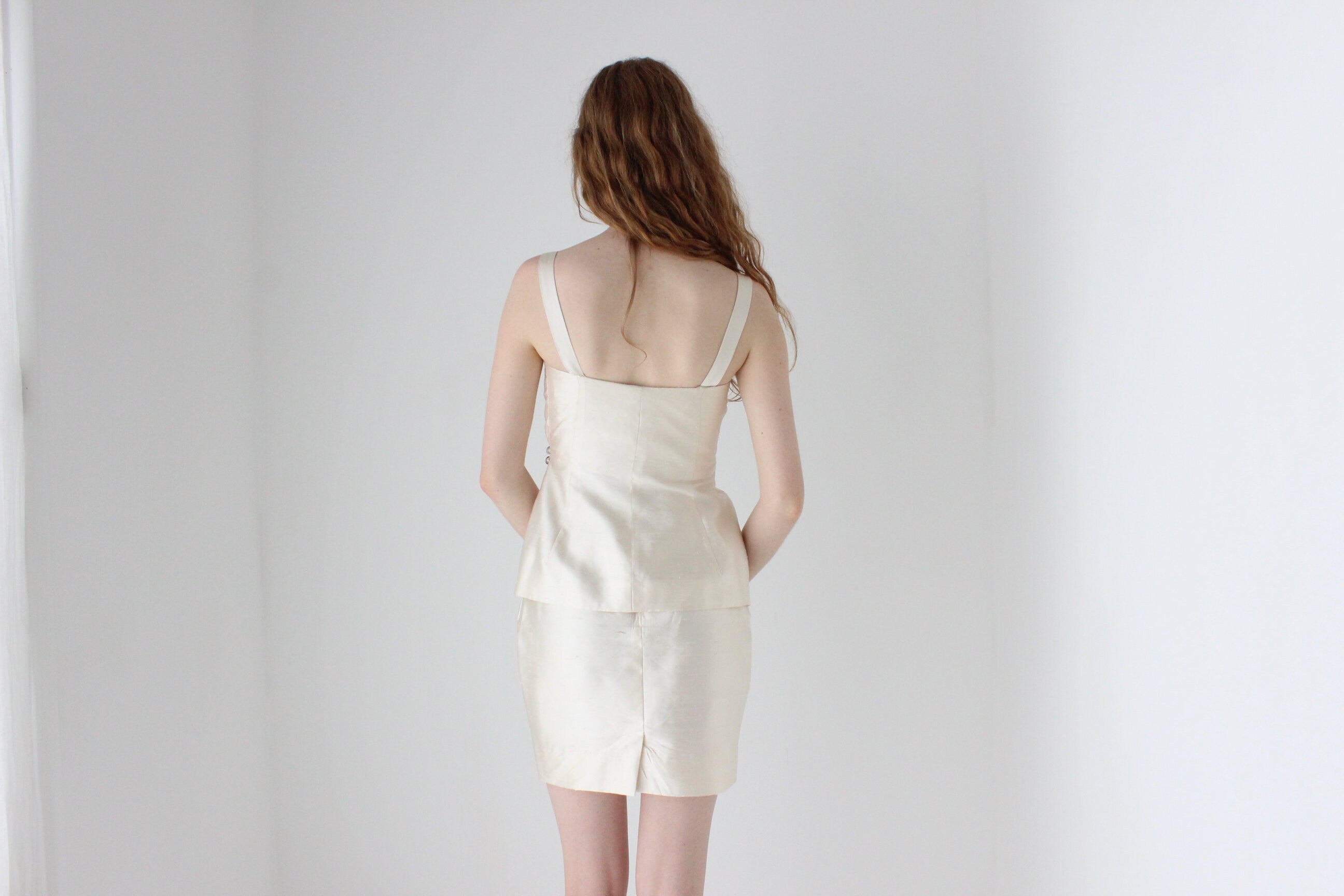 1980s Donna Karan Raw Silk Bridal Two Piece Top & Skirt Set