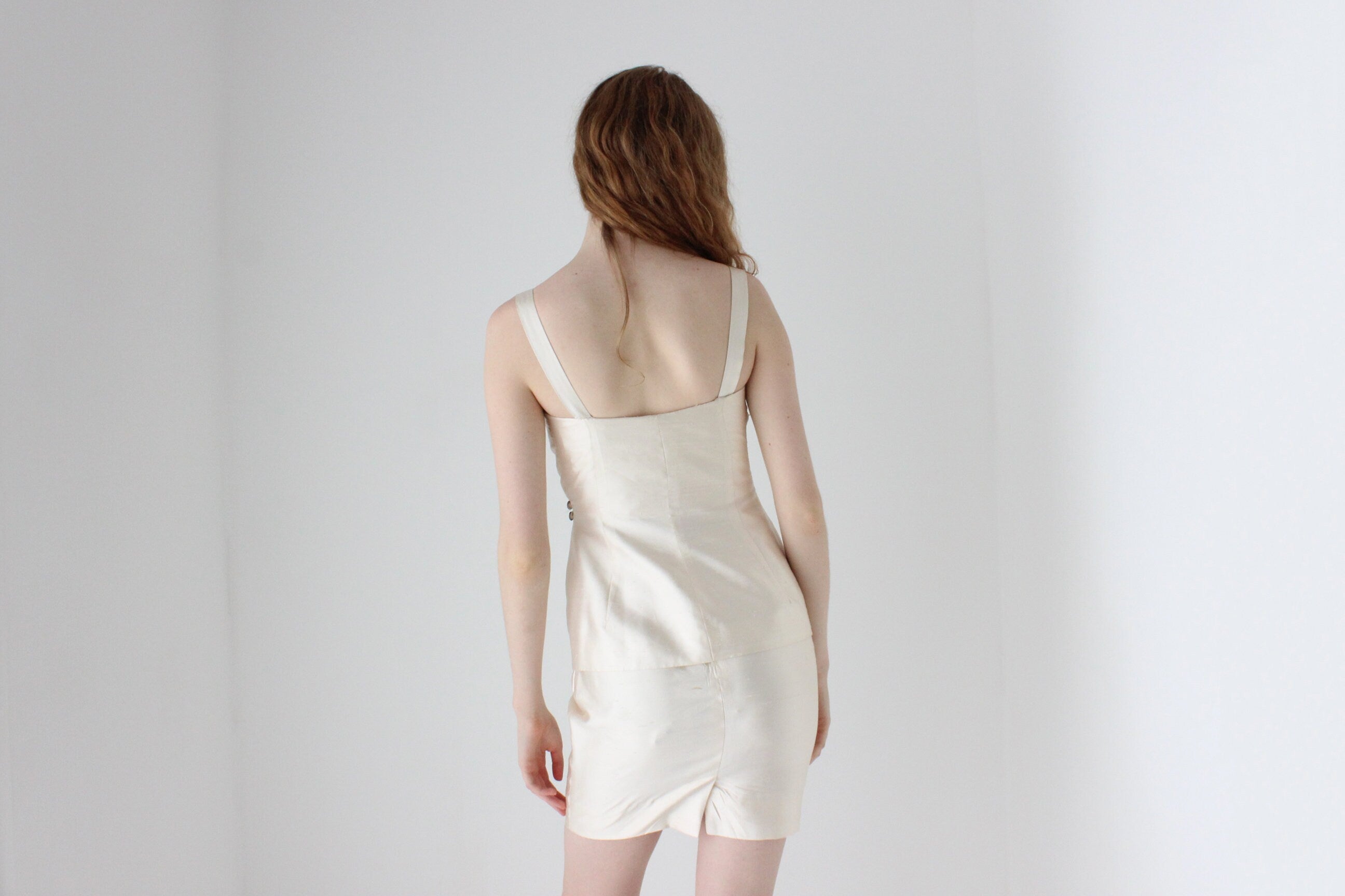 1980s Donna Karan Raw Silk Bridal Two Piece Top & Skirt Set